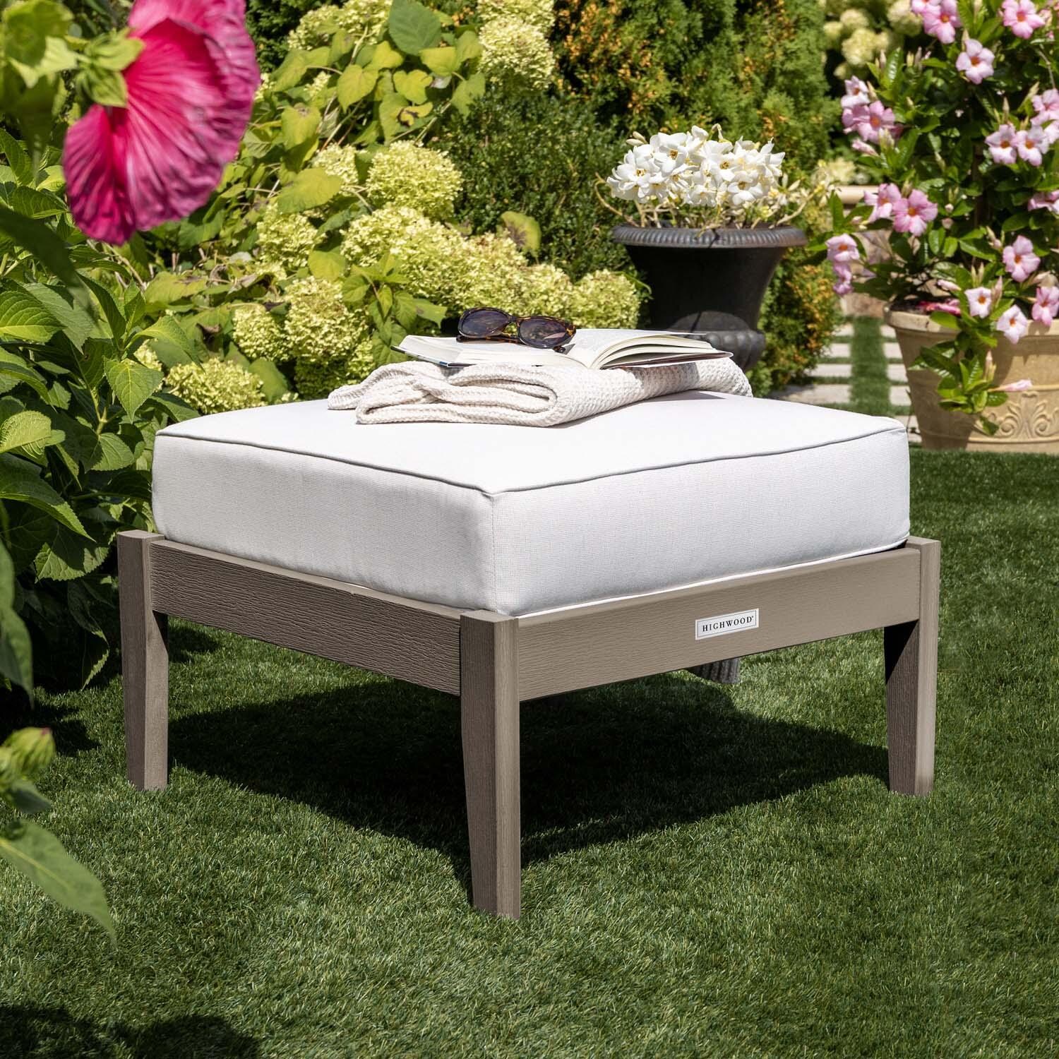 Blushing Bay Recycled Plastic Ottoman in Bliss Linen/Woodland Brown by Lakeview Outdoor Designs