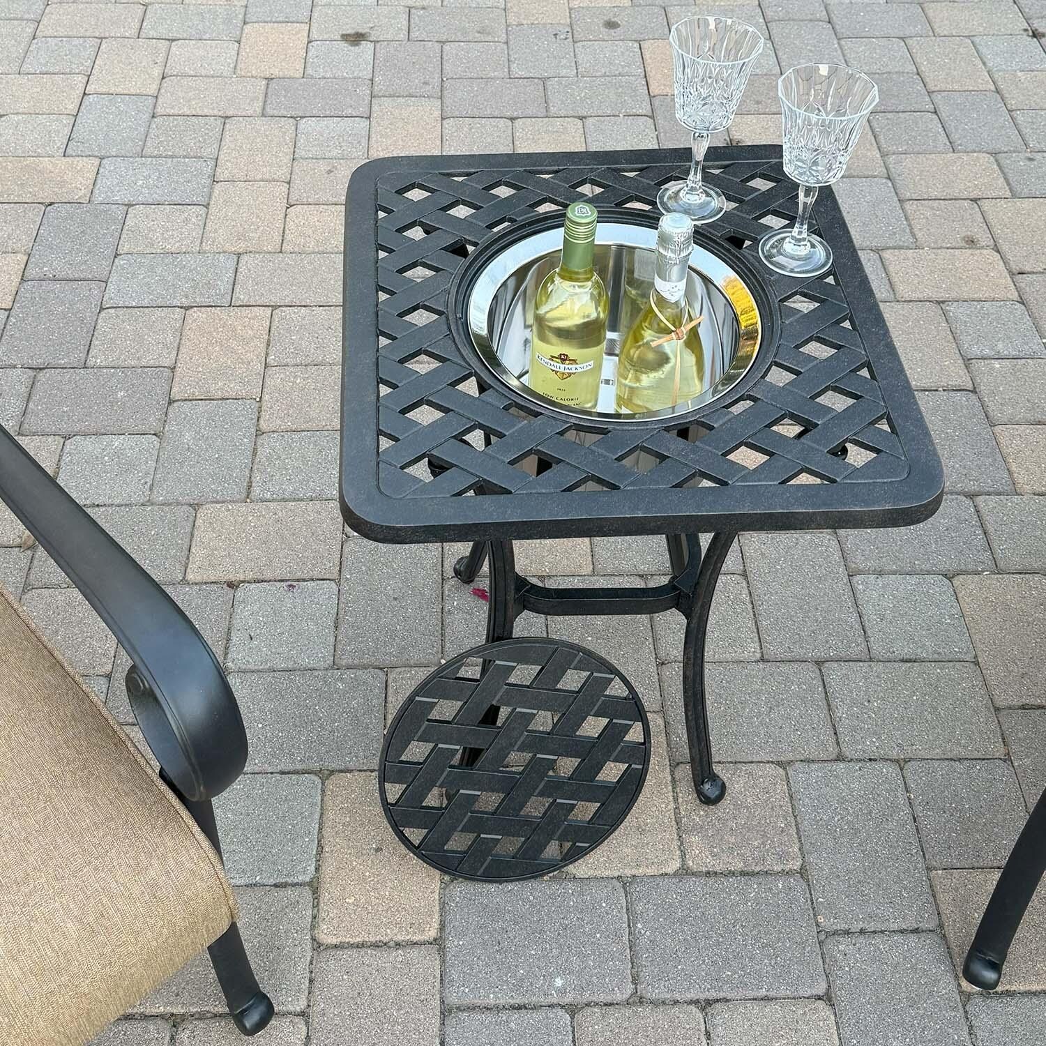Santa Anita 5 Pc Cast Aluminum Bistro Set Fire Pit in Antique Bronze/Heather Beige by Darlee - Ice Bucket End Table - Lifestyle thumbnail