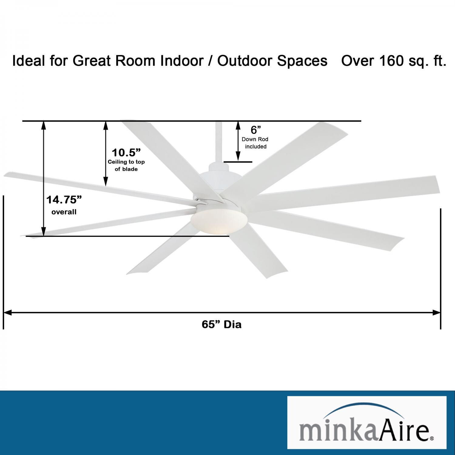Minka-Aire F888L-WHF Slipstream 65-Inch 8-Blade LED Ceiling Fan in White Finish w/ Flat White Blades & Etched Opal Glass - Dimensions thumbnail