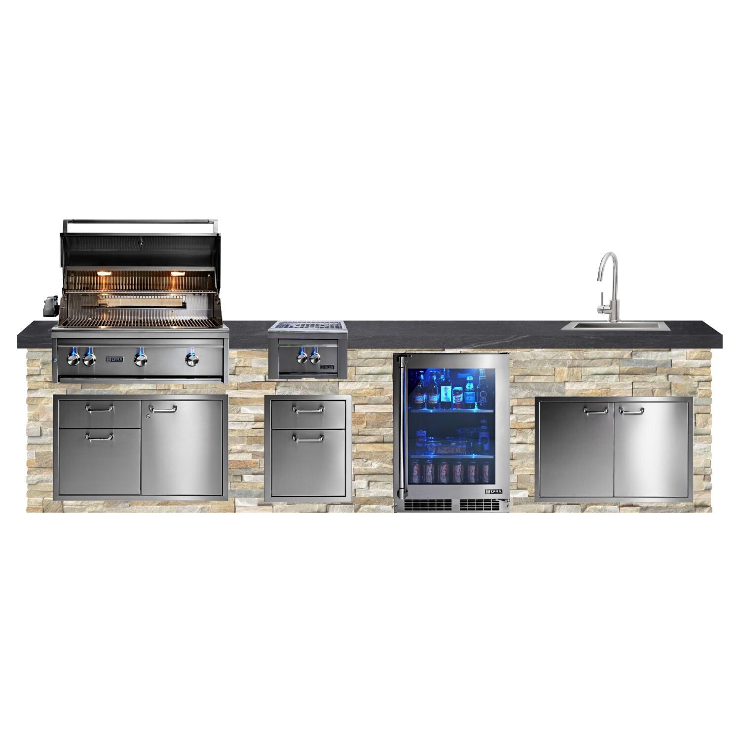 BBQGuys Signature 12ft Luxury Outdoor Kitchen w/ Lynx Professional 36-Inch Propane Grill, 21-Inch Sink & Refrigerator - Golden Honey Stone w/ Black Polished Granite