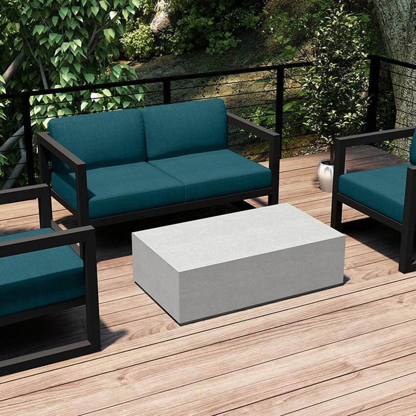 Misty Cove 4 Pc Aluminum Seating Set w/ Loveseat & Long Coffee Table in Slate/Spectrum Peacock by Lakeview Outdoor Designs
