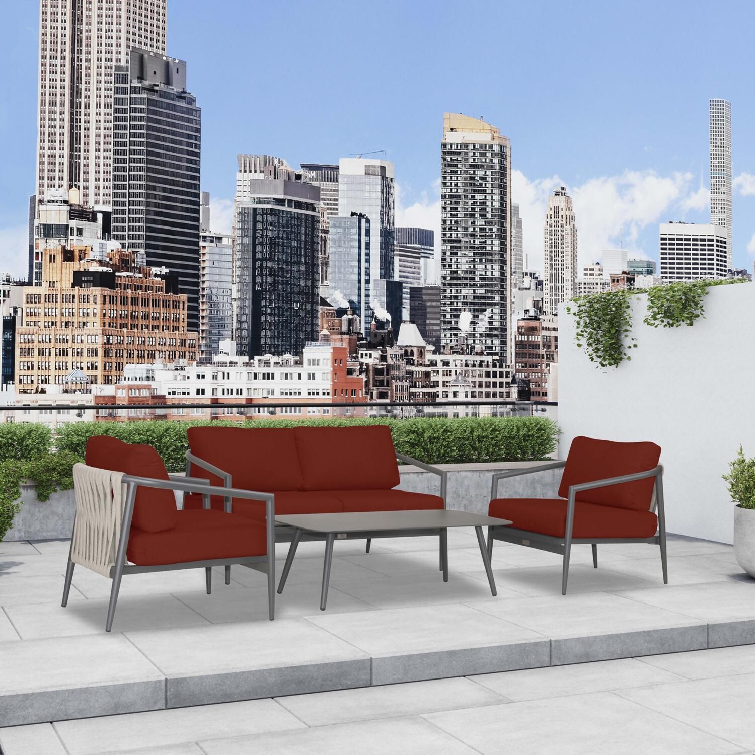 Lakeview Midnight Cove 4 Pc Aluminum Loveseat Seating Set in Slate/Pebble Gray/Canvas Henna - Angled - Lifestyle thumbnail