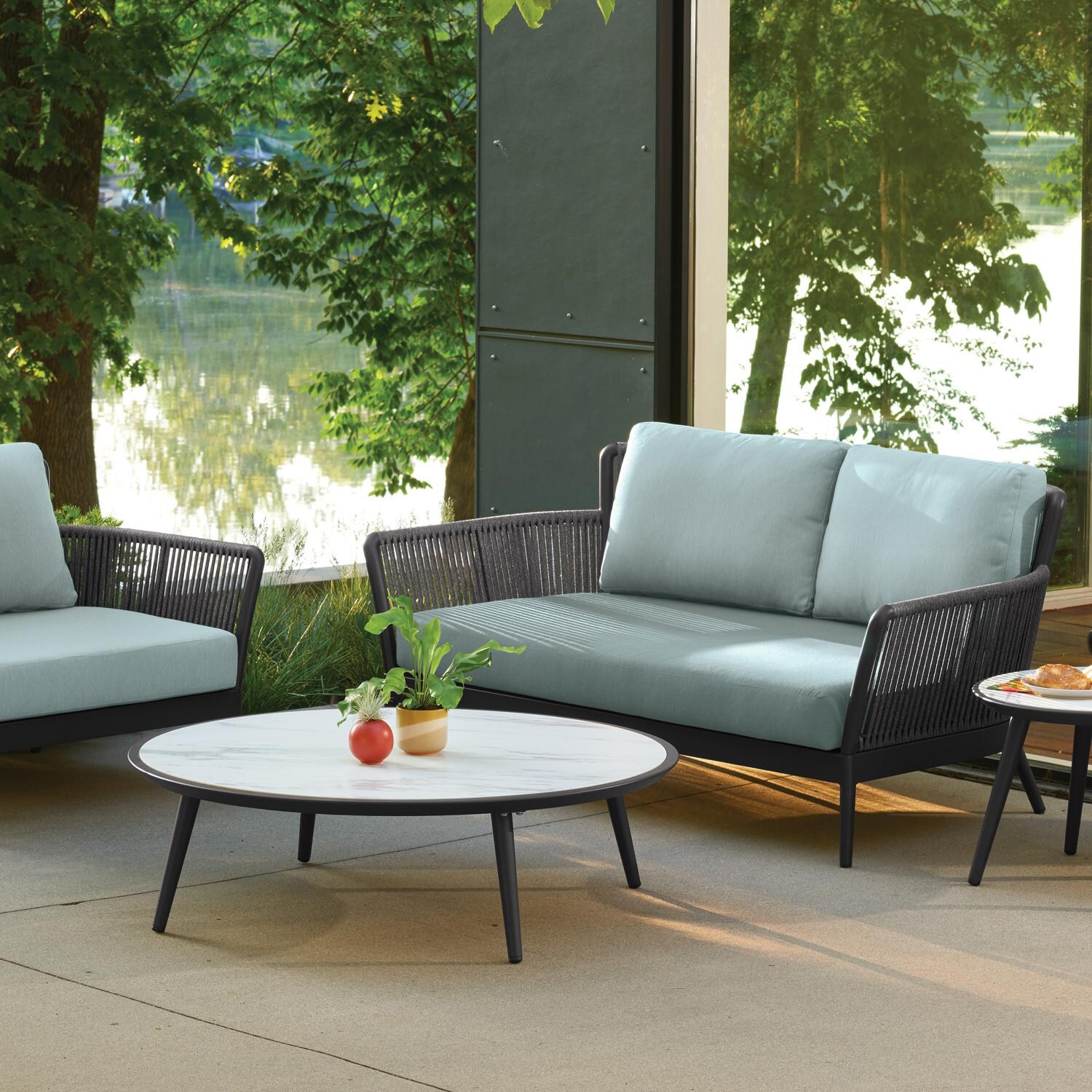 Oxford Garden Nette 2 Person Olefin Rope & Aluminum Loveseat W/ Salt Lumbar Pillow in Carbon/Seafoam - Lakeside thumbnail