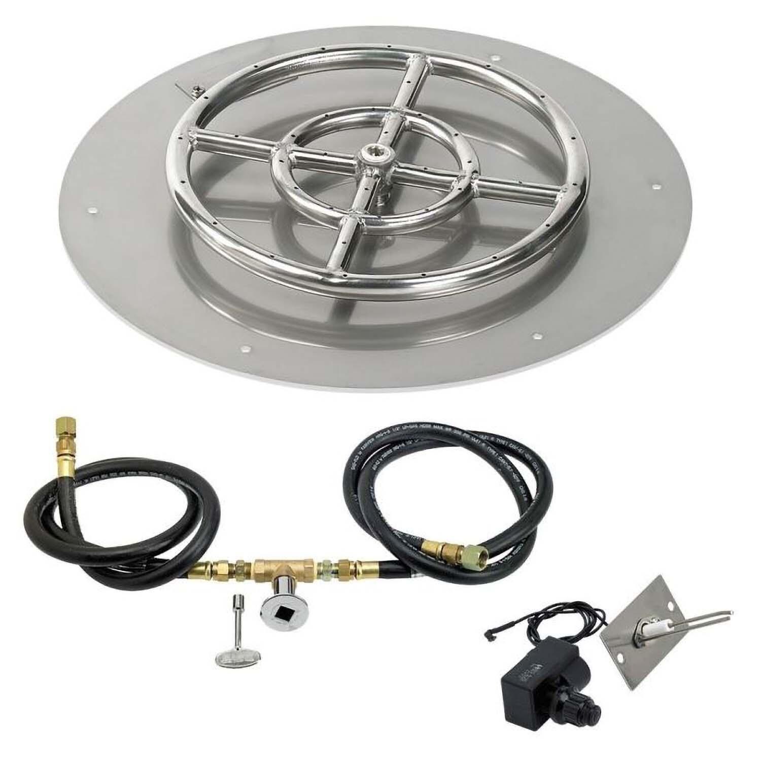 BBQGuys Signature 18 Inch Stainless Steel Round Flat Fire Pit Pan W/Spark Ignition Kit - 12 Inch Ring - Natural Gas