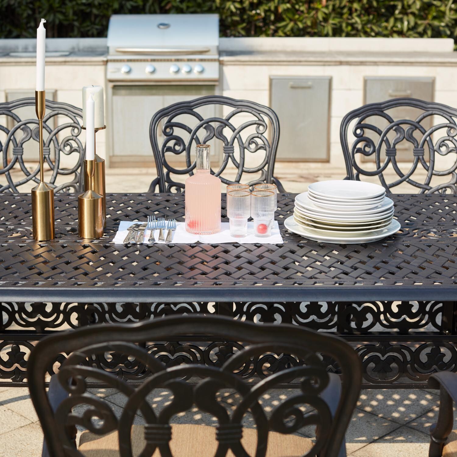 Darlee 201020-9PC-60XLD Florence 9 Piece Cast Aluminum Patio Dining Set W/ 92 X 42 Inch Rectangular Dining Table & Sesame Cushions - Table Detail thumbnail