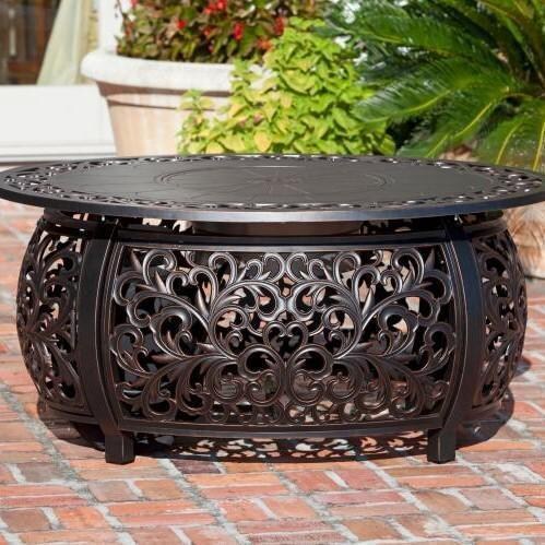 WestCay 5 Pc Resin Wicker Fire Pit Seating Set in Antique Bronze by Ultimate Patio - Fire Pit - Lid On - Lifestyle thumbnail