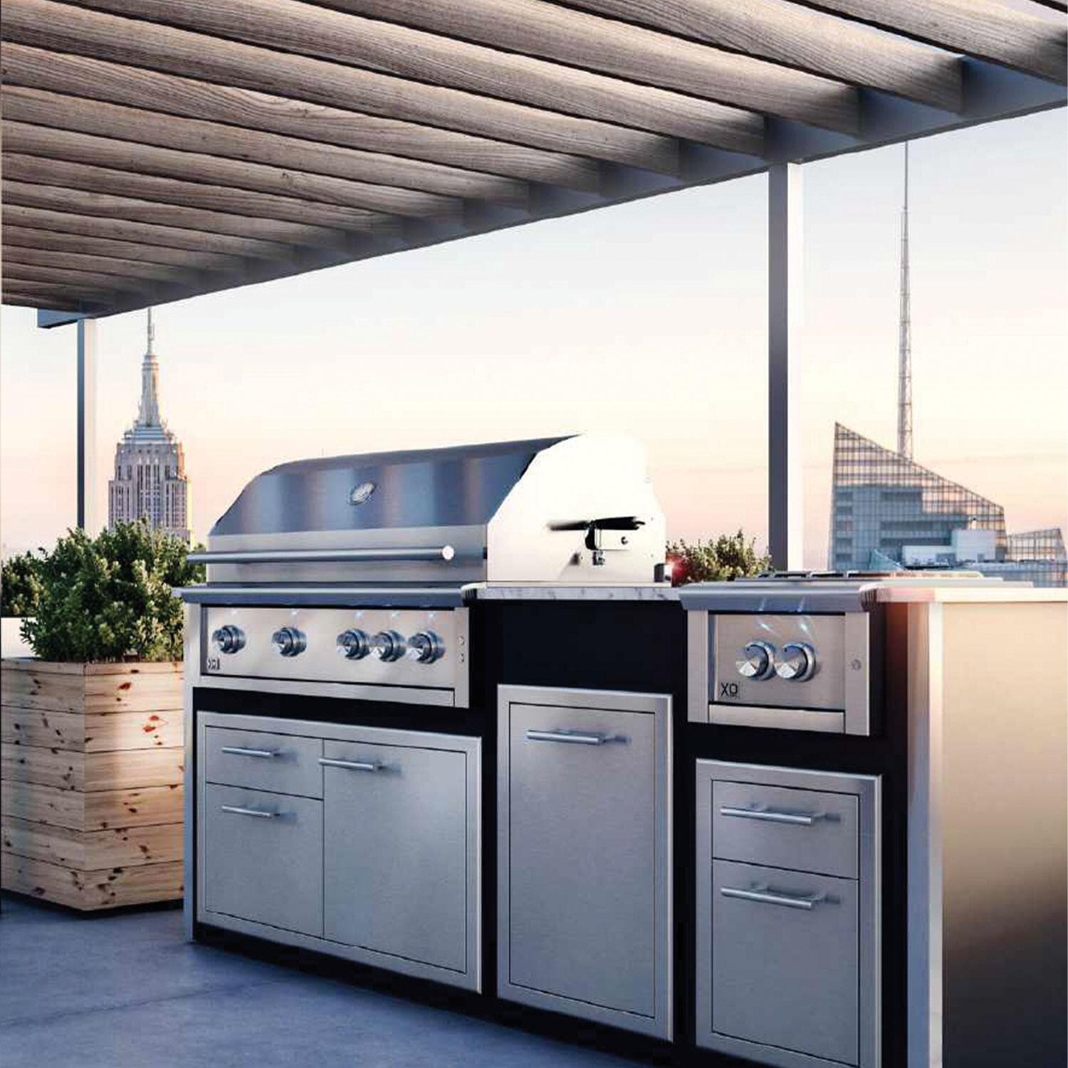 XO Designer 7 1/2 Ft Outdoor Kitchen Island w/ 42-in Natural Gas Pro-Grade Grill, Power Burner, Door & Drawer, Trash Drawer, & Double Drawer in White - Shown in Black finish - Lifestyle thumbnail