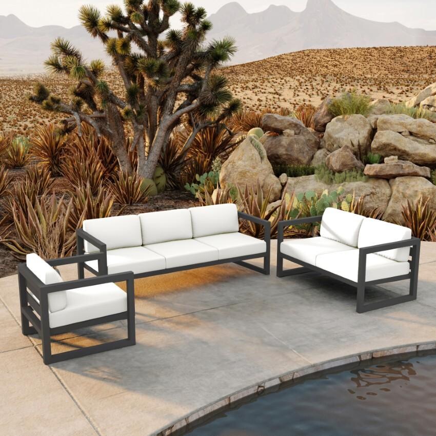 Misty Cove 3 Pc Aluminum Seating Set w/ Sofa & Loveseat in Slate/Canvas Natural by Lakeview Outdoor Designs