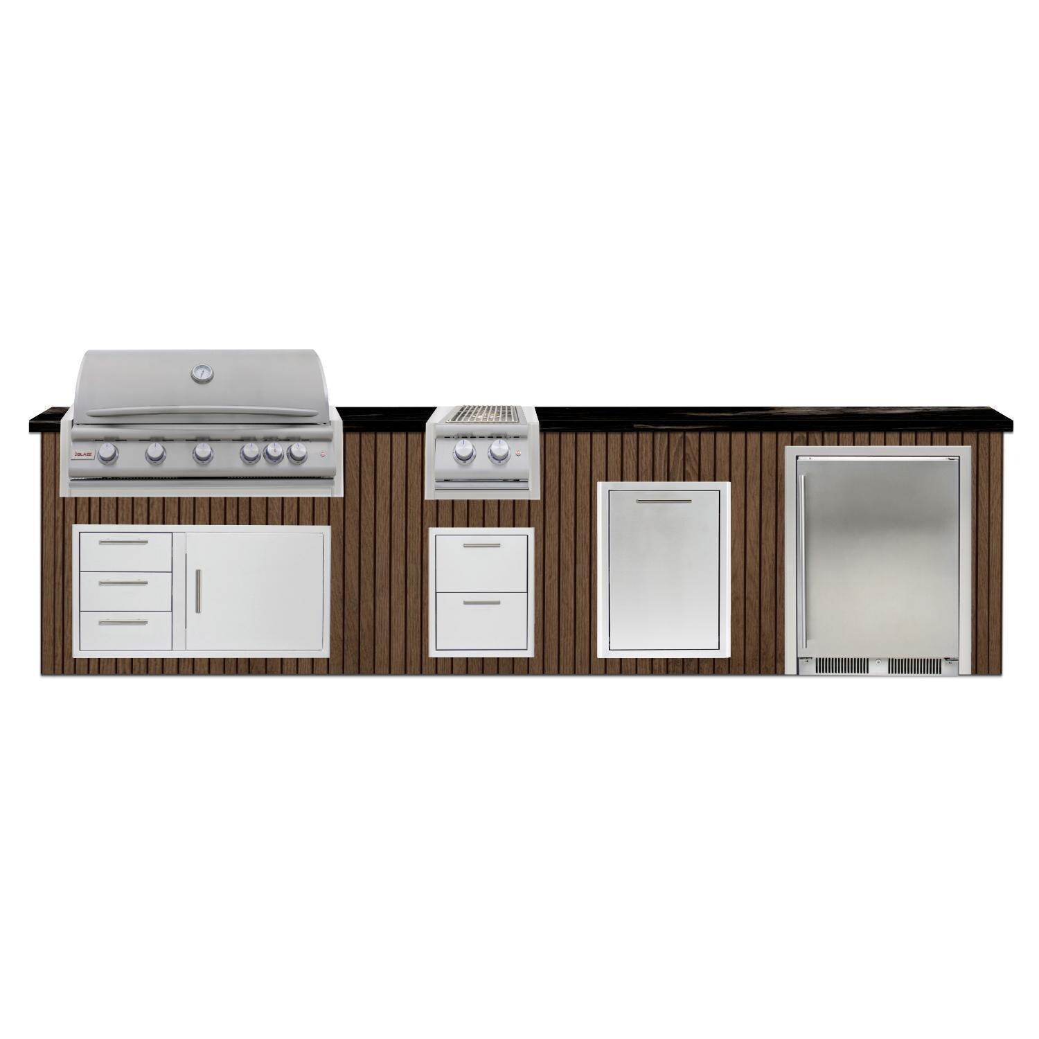BBQGuys Signature 12 Ft Outdoor Kitchen Island w/ 40-in Blaze LTE+ Propane Grill & Double Side Burner, 24-in Refrigerator & Double Trash Bin | Toffee w/ Nero Mist Granite - Island - White Background thumbnail