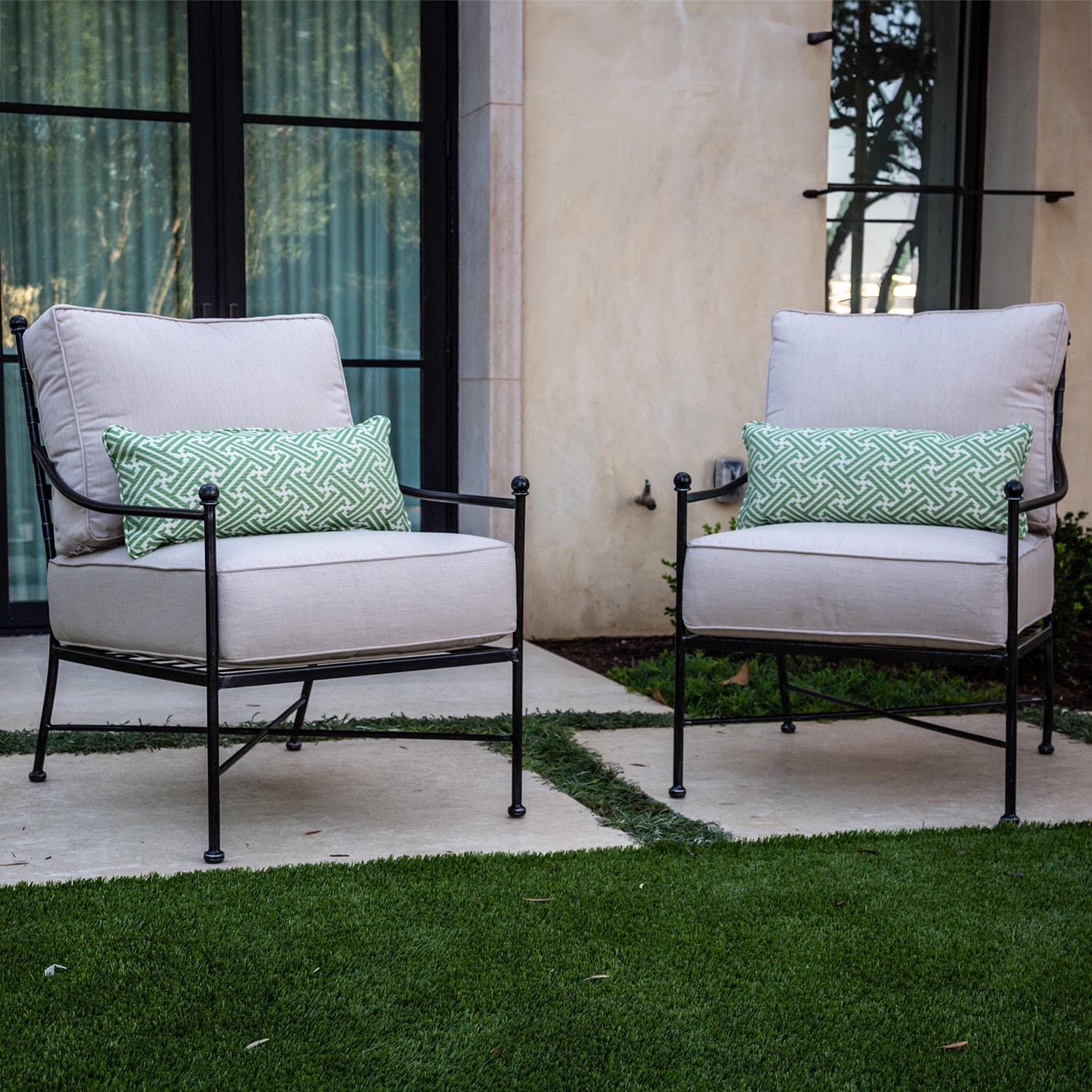 Provence 2 Pc Wrought Iron Seating Set W/Sunbrella Canvas Flax Cushions in Century Pewter By Sunset West - Lifestyle thumbnail