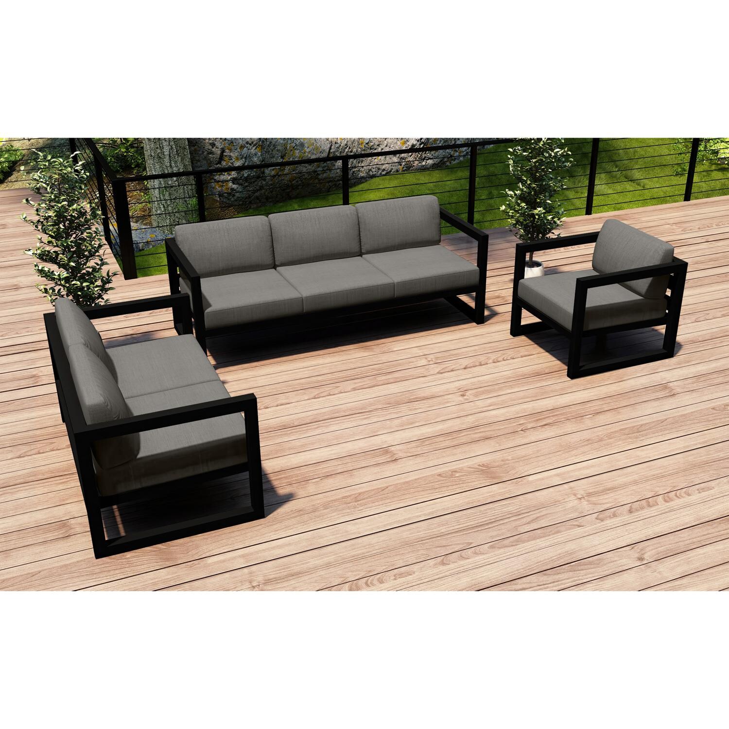 Lakeview MSTYCV-BK-3SLSS-CC Misty Cove 3 Pc Aluminum Seating Set in Black w/Sofa & Canvas Charcoal Cushions by Lakeview Outdoor Designs - Set on Deck - Lifestyle thumbnail
