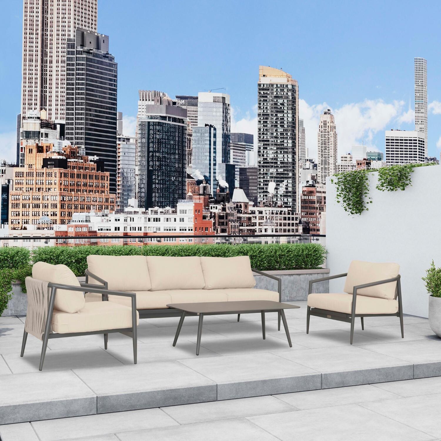 Lakeview Midnight Cove 4 Pc Aluminum Sofa Seating Set in Slate/Pebble Gray/Canvas Flax - Angled - Lifestyle thumbnail