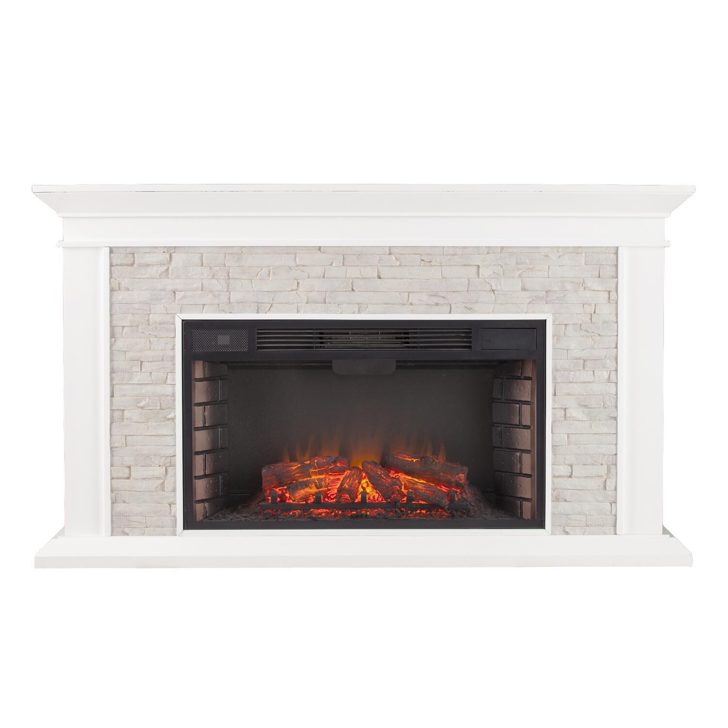 Southern Enterprises Canyon Heights 60-Inch Electric Fireplace Mantel - White W/ Rustic White Faux Stone - FE9021 - Front View thumbnail