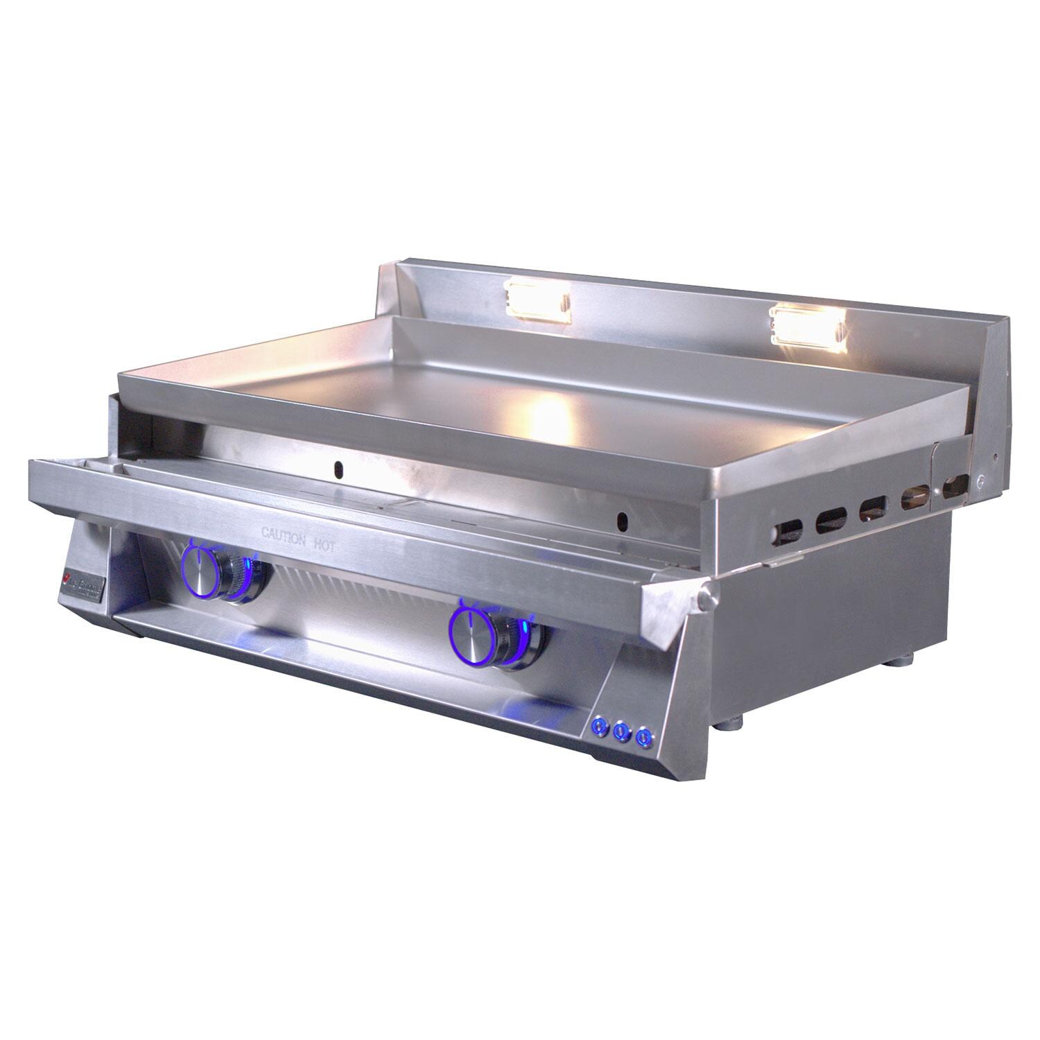 Le Griddle OML75P6 LP Pro Series 75 2 Burner Built-In Propane Flat Top Grill w/ 6mm Plate - Grease Disposal Trays Removed - White Background thumbnail