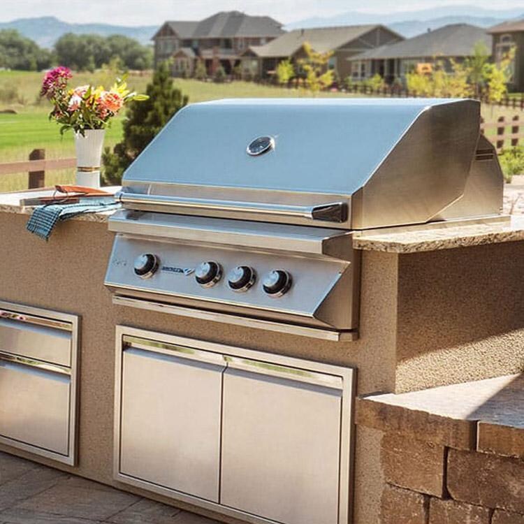 Grillnetics Adjustable Easy Outdoor Kitchen Frame Kit - Lifestyle View With Stucco Finished Grill Cabinet thumbnail