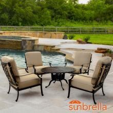 Bocage 5 Piece Cast Aluminum Patio Conversation Set W/ Round Coffee Table, Club Chairs & Sunbrella Heather Beige Cushions By Lakeview Outdoor Designs image