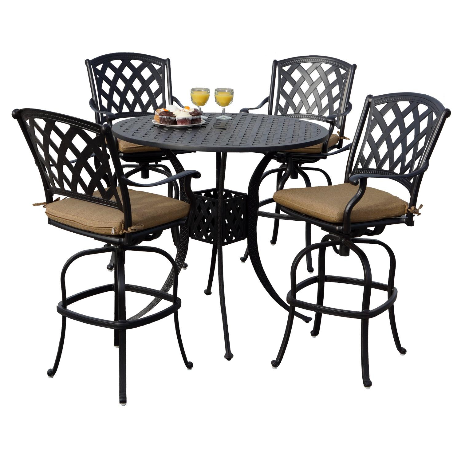 Ocean View 5 Pc Cast Aluminum Bar Set w/ 42 Inch Round Series 30 Table in Antique Bronze/Sesame by Darlee