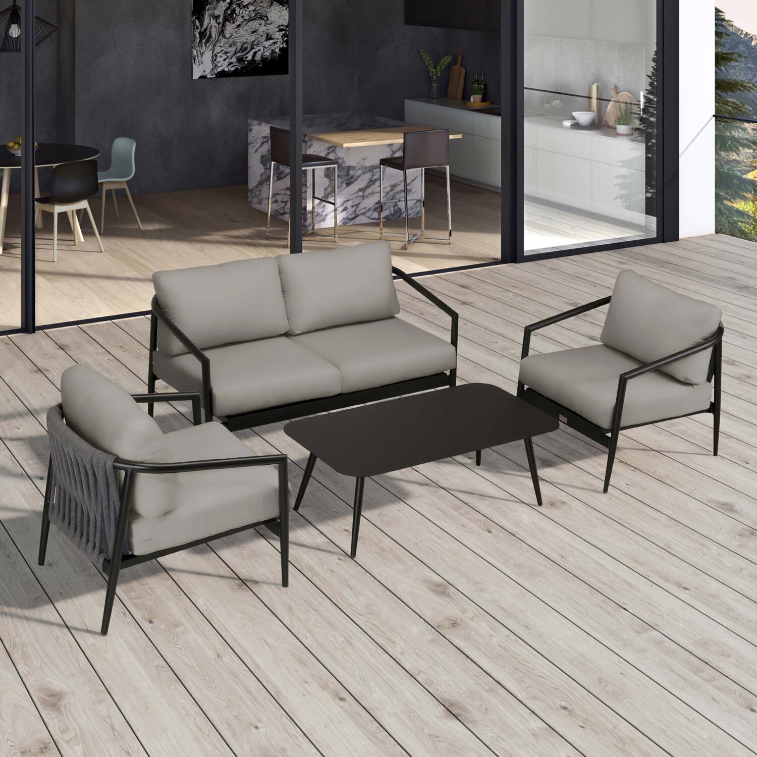 Lakeview Midnight Cove 4 Pc Aluminum Loveseat Seating Set in Black/Carbon/Canvas Charcoal - Top - Lifestyle thumbnail