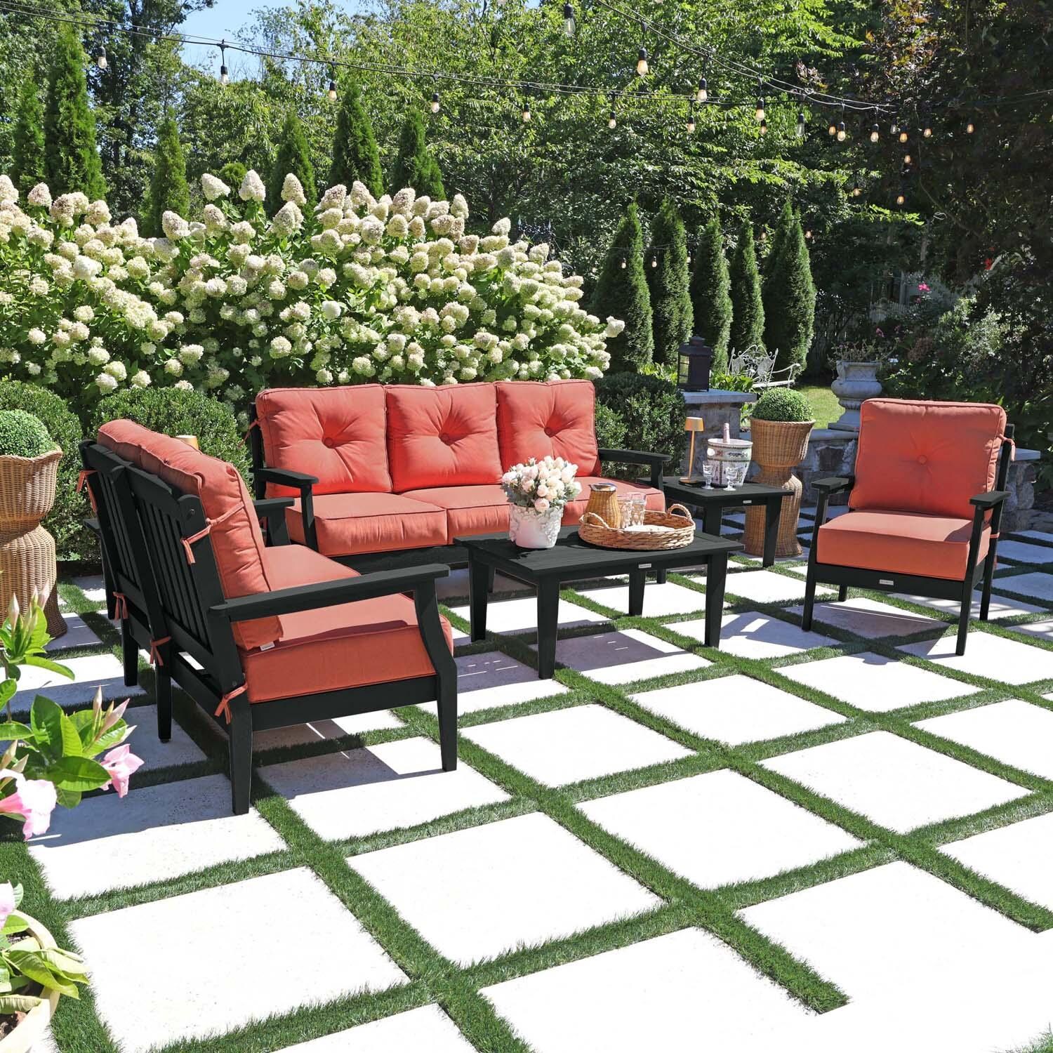 Blushing Bay 6 Pc Recycled Plastic Grand Seating Set in Canvas Persimmon/Black by Lakeview Outdoor Designs - Left Angled - Lifestyle thumbnail