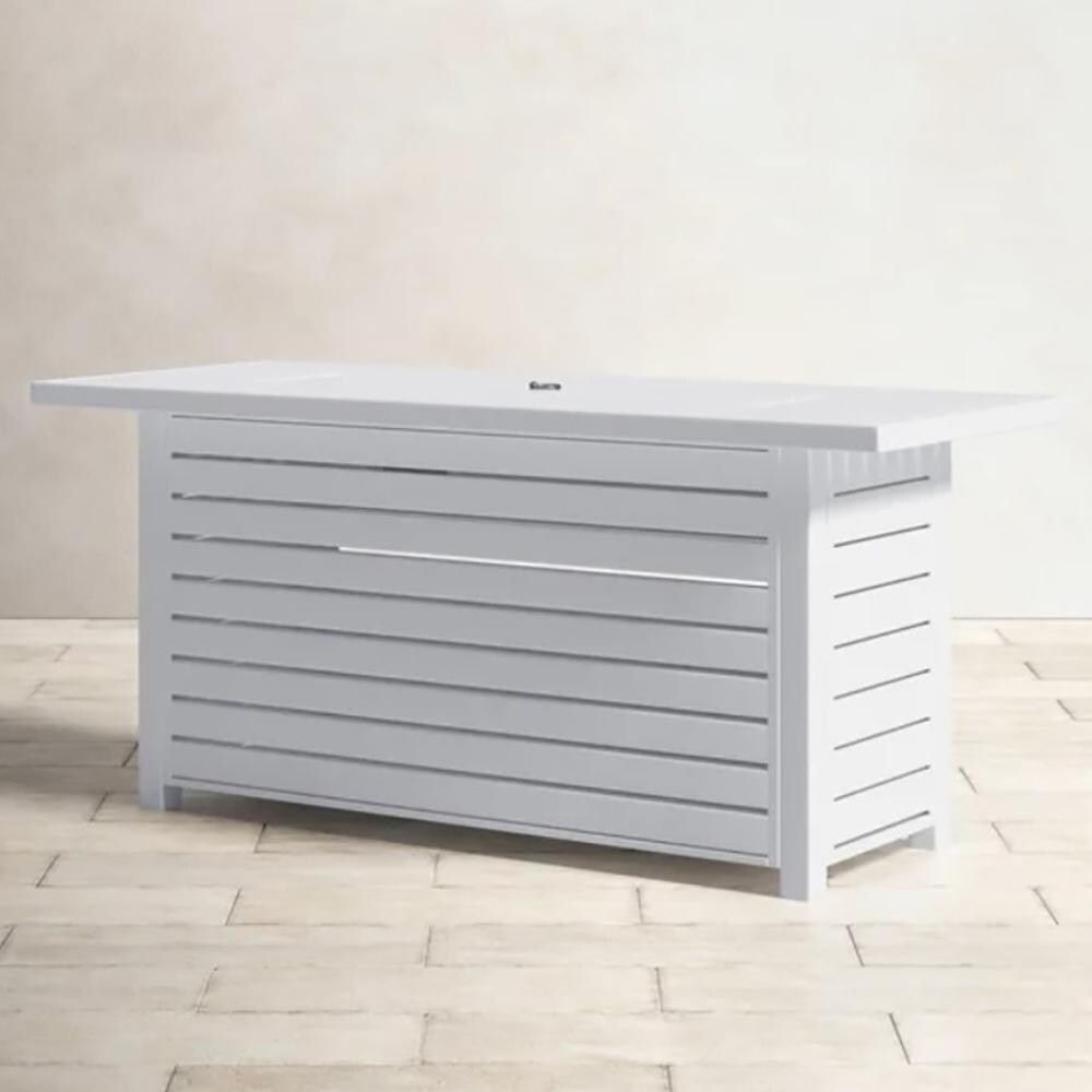 Ultimate Patio Regina Bay 54 Inch Rectangular Metal Propane Fire Pit Coffee Table W/ Lid in White - Angled Left - Lifestyle thumbnail