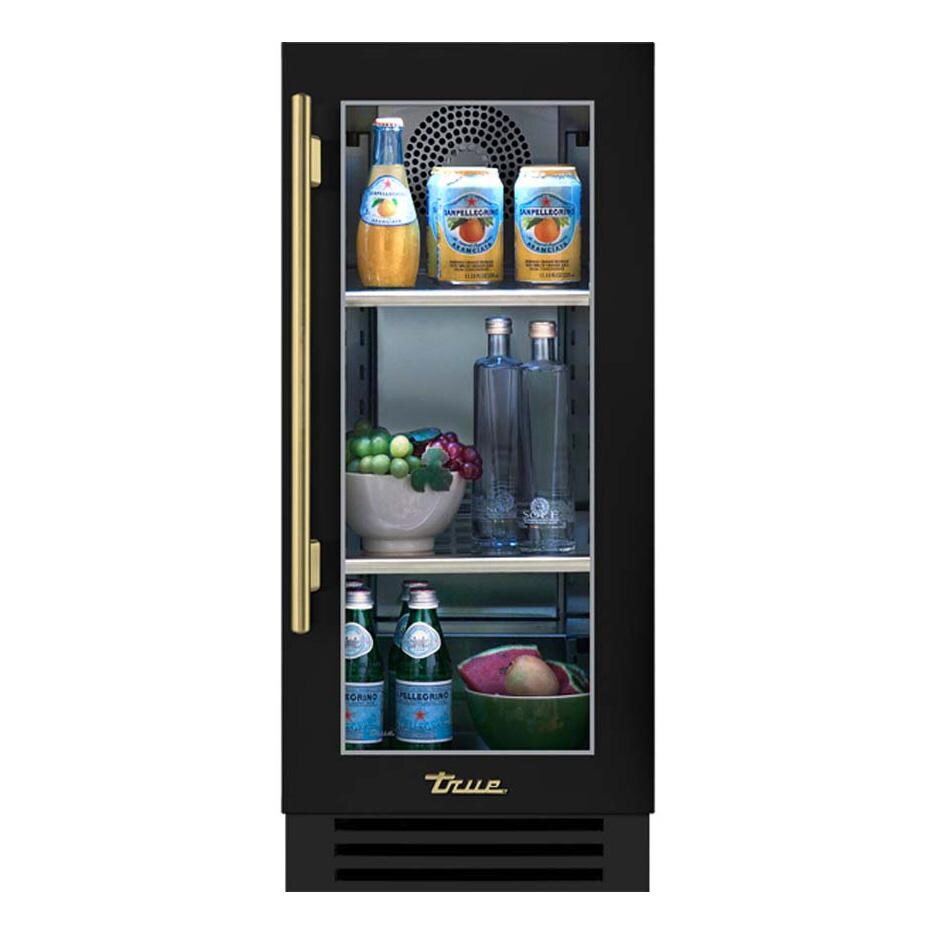 True 15 Inch 3.14 Cu. Ft. Right Hinge Glass Door Outdoor Refigerator - Matte Black w/ Brass Handles - TUR-15-R-OG-C~DSK-027-H01