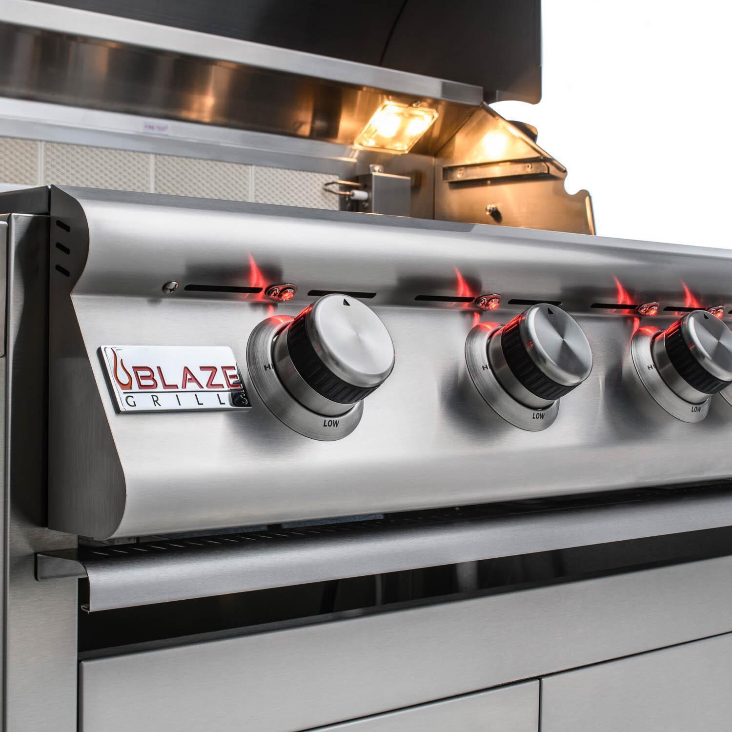 Blaze BLZ-4LTE2-NG Premium LTE 32-Inch 4-Burner Built-In Natural Gas Grill - Front Control Panel W/ Grill Lights On (Shown On Cart) - Detail thumbnail