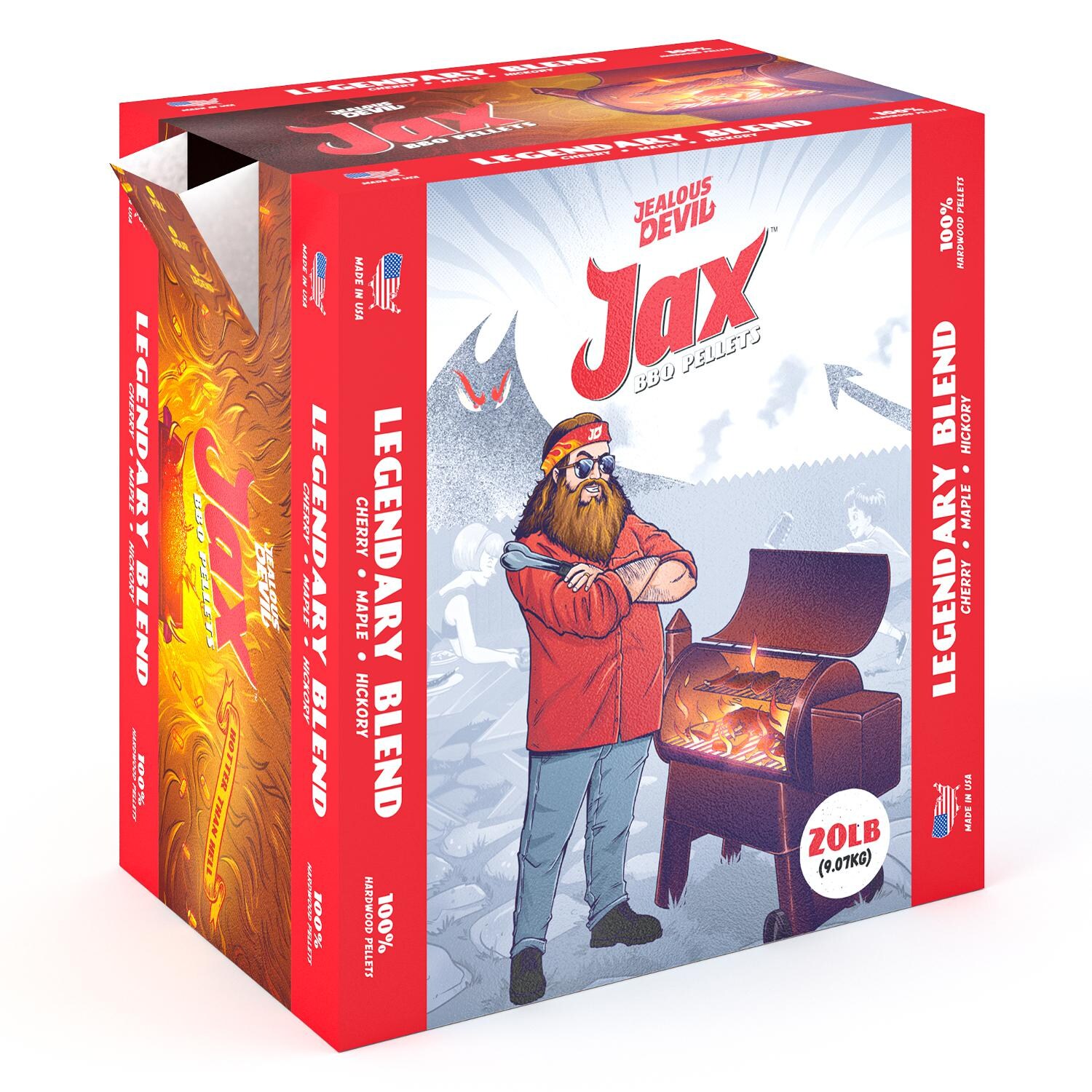Jealous Devil - JDJAXLEGEND20 - Jax Hardwood BBQ Pellets - Legendary Blend - Front Of Box With Spout Open