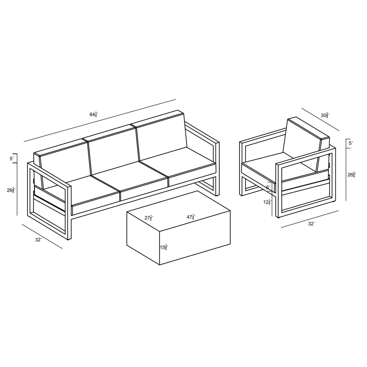 Misty Cove 3 Pc Seating Set in Slate w/Coffee Table & Canvas Natural Cushions by Lakeview - Dimensional thumbnail