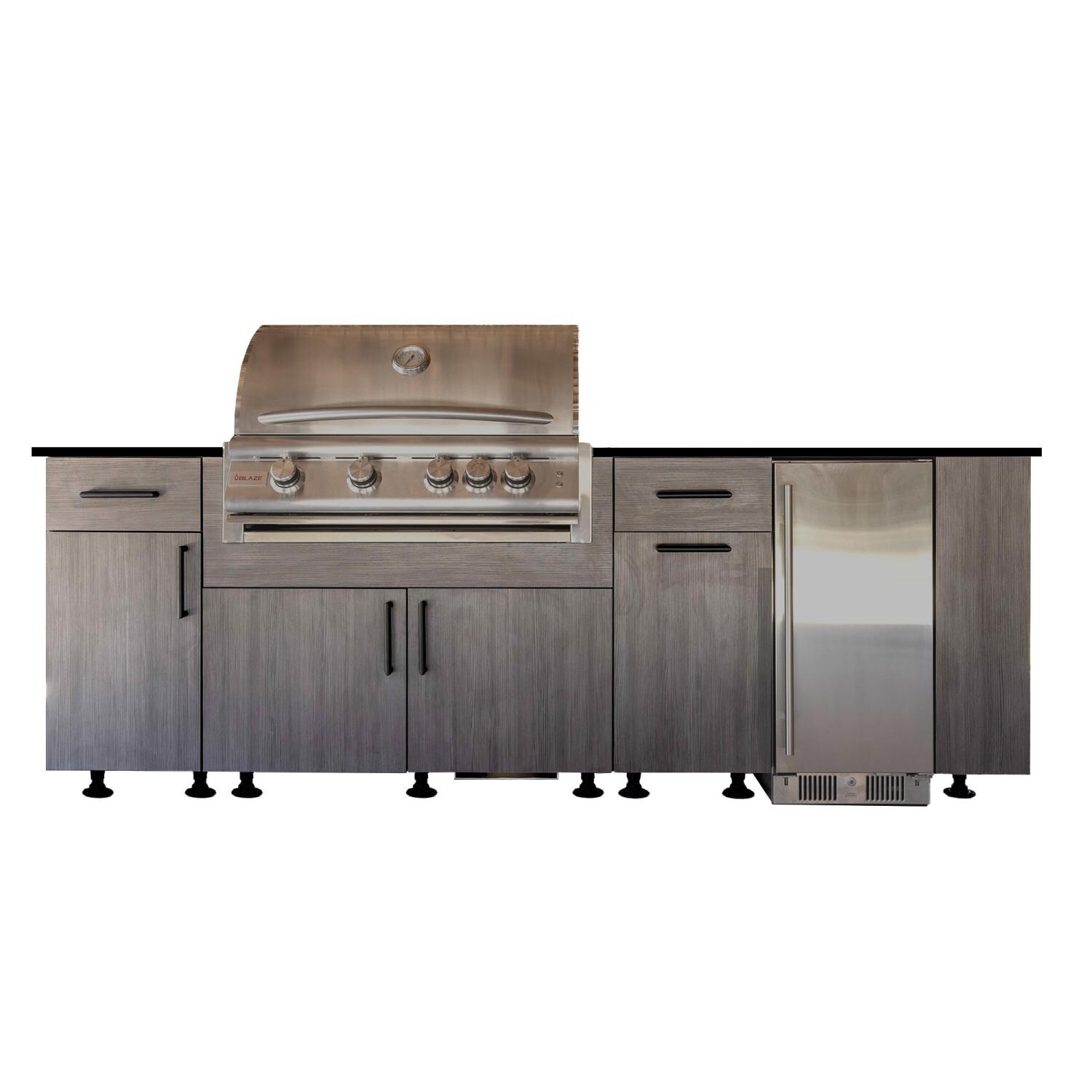 BBQGuys Signature Oasis 8 Ft Outdoor Kitchen Island w/ Blaze Propane Grill & Refrigerator in Grey Cedar/Lunar Grey - Island - White Background thumbnail
