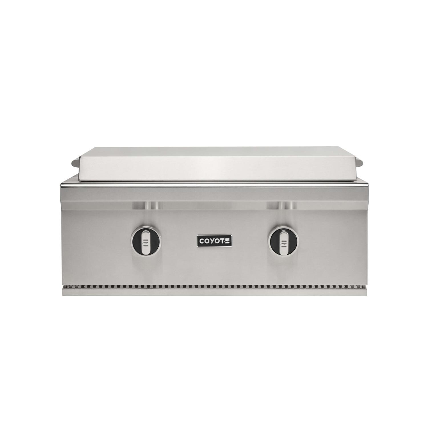 Coyote Outdoor Living C3FTG30NG 30 Inch Built-In Natural Gas Flat Top Grill - Front Lid On - White Background thumbnail
