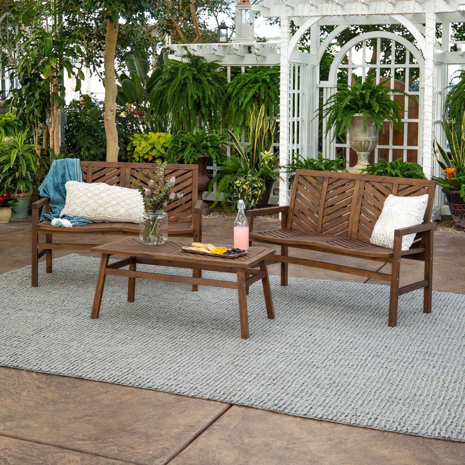 Walker Edison Vincent 3 Piece Acacia Patio Conversation Set W/ 42 X 20 Inch Rectangular Table - Dark Brown image