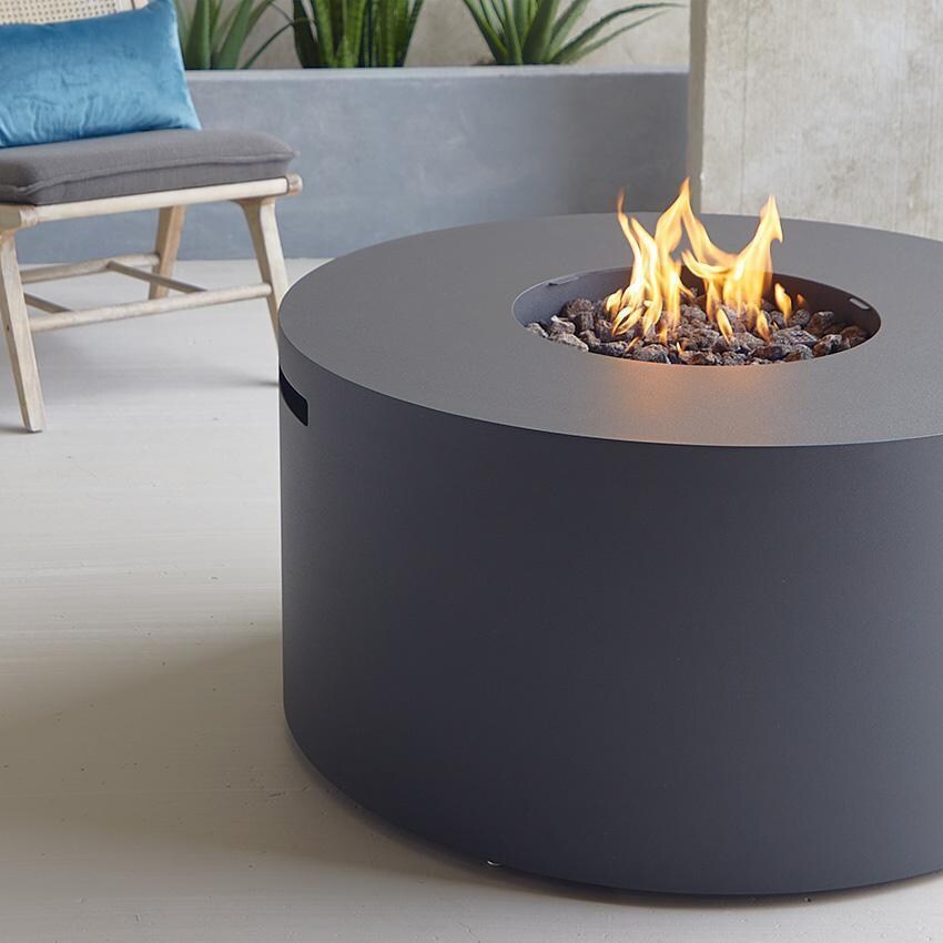 Covewood 4292LP-CHRC 41 Inch Round Aluminum Propane Fire Pit Table in Black by BBQGuys Signature - Flame - Lifestyle