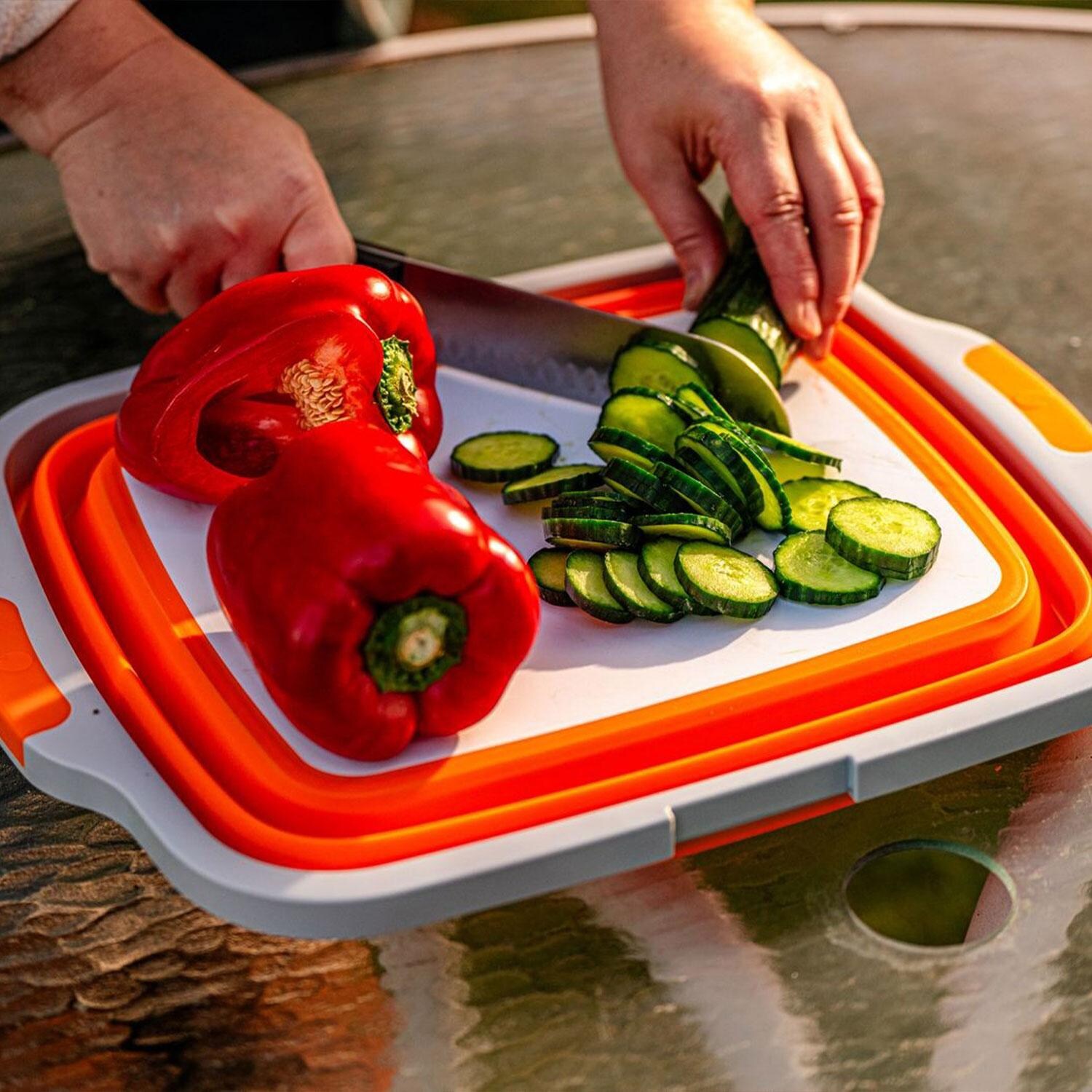 Drip EZ TUBV2-JR-1 V2 Jr. Prep Tub - Classic Orange - Cutting Veggies - Lifestyle