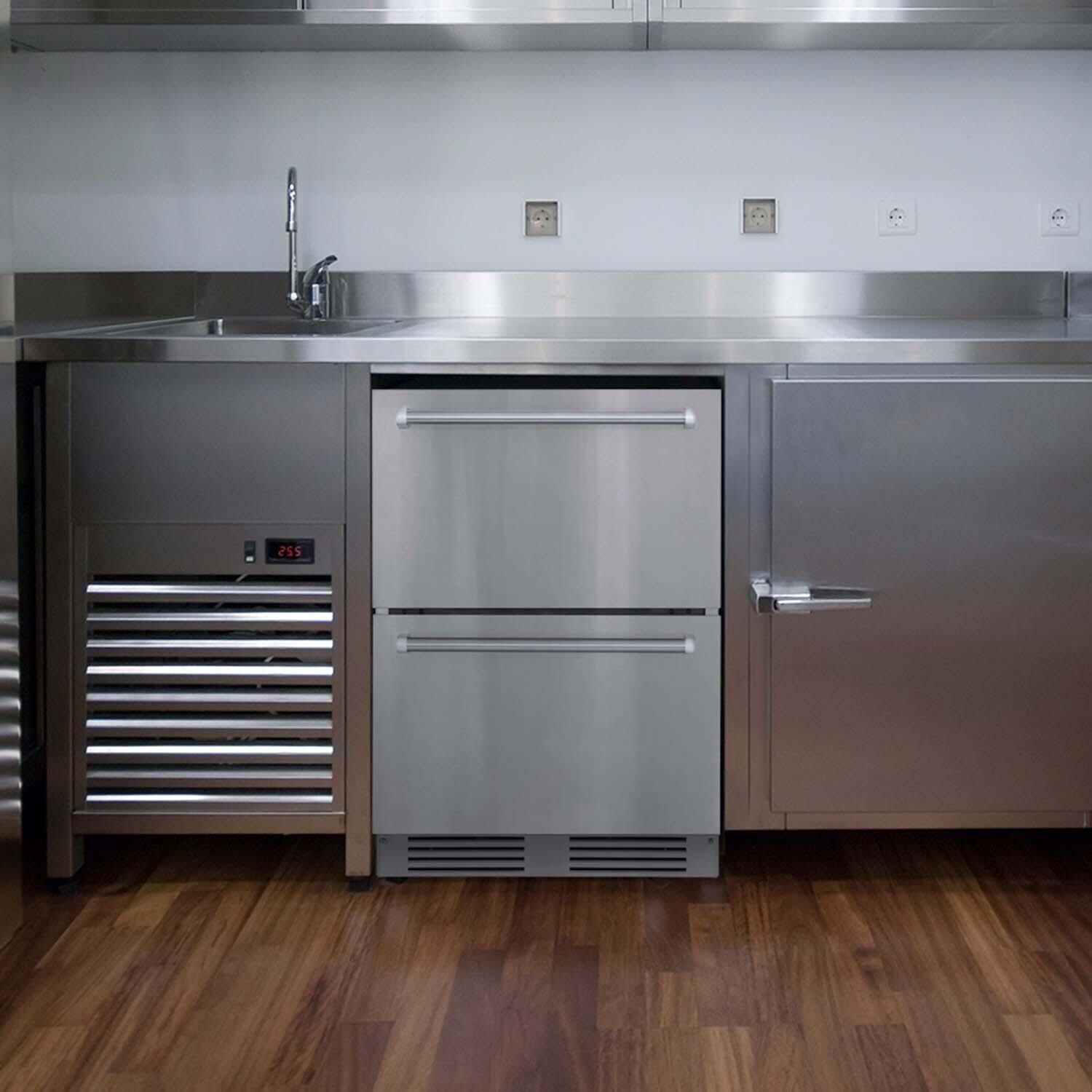 NewAir NOF110SSD0 24 Inch 4.1 Cu. Ft. Dual Drawer Commercial Built-In Outdoor Refrigerator & Freezer - Installed Indoors - Lifestyle thumbnail