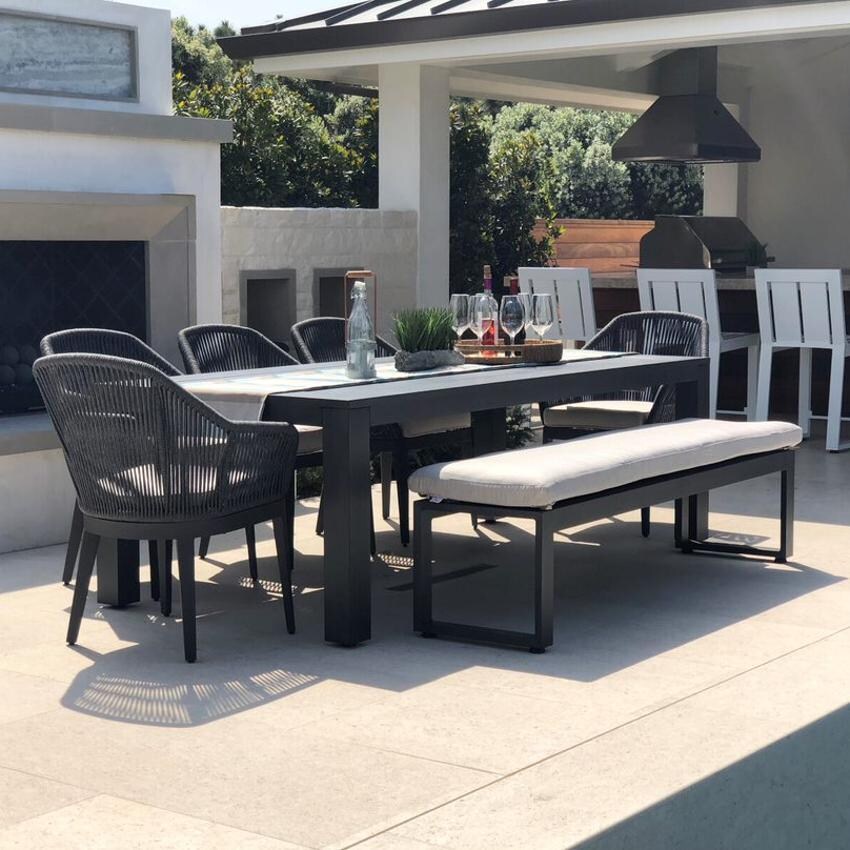 Milano 7 Piece Olefin Rope & Aluminum Patio Dining Set W/ Dining Table & Sunbrella Echo Ash Cushions By Sunset West