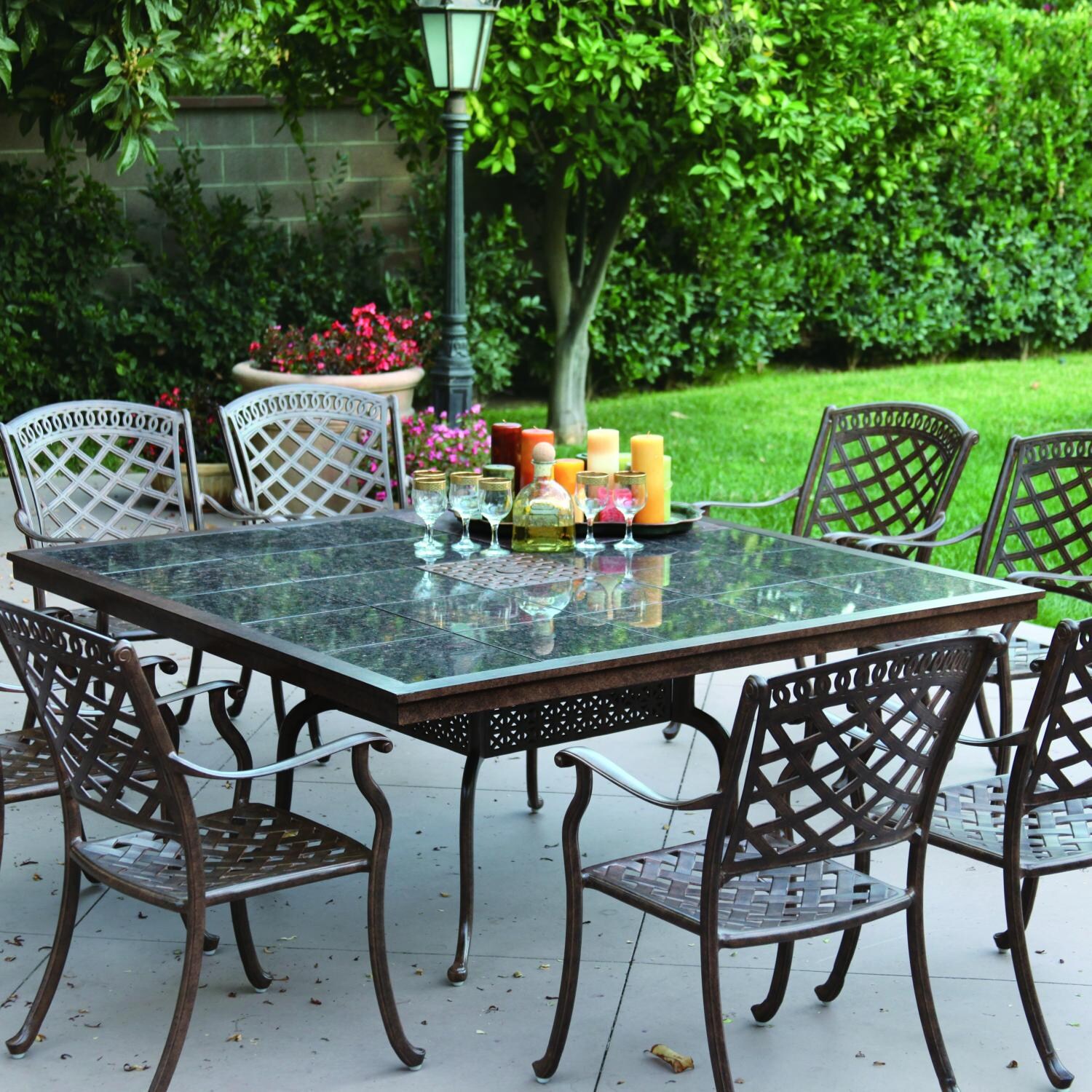 Darlee Sedona 9 Piece Cast Aluminum Patio Dining Set With Square Granite Top Table - Mocha / Brown Granite Tile