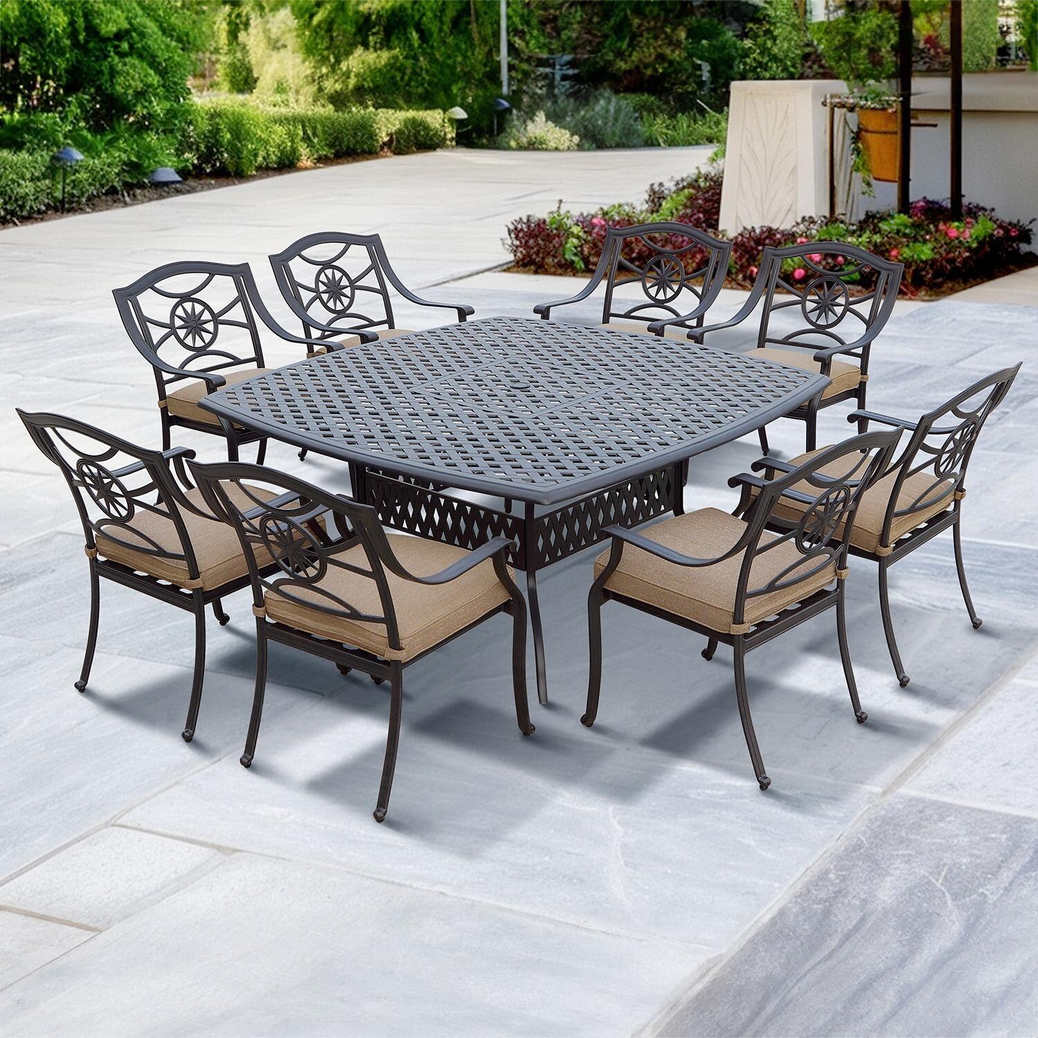 Darlee Ten Star 9-Piece Patio Dining Set with Cushions and 64 Inch Square Dining Table - Set - Lifestyle thumbnail