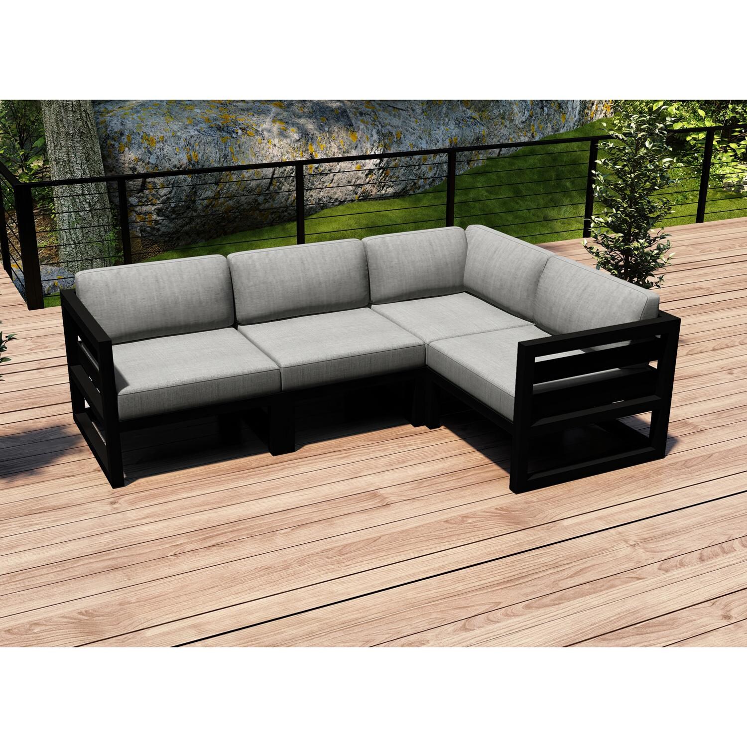 Lakeview MSTYCV-BK-4SEC-CS Misty Cove 4 Pc Aluminum Sectional Set in Black w/Canvas Natural Cushions by Lakeview Outdoor Designs - Set on Deck - Lifestyle thumbnail