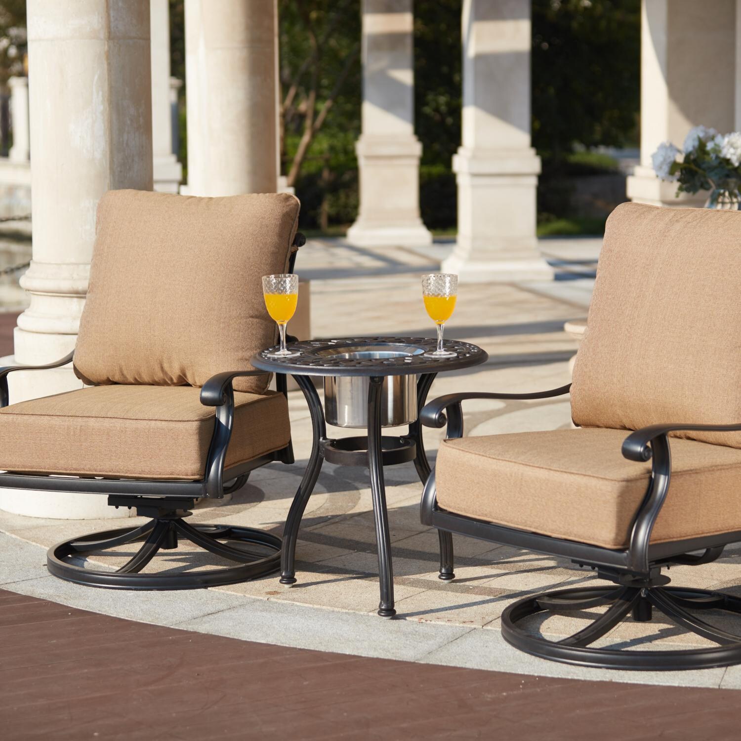 Capri 3 Pc Cast Aluminum Seating Set w/ 24 Inch Series 60 Ice Bucket End Table & & Swivel Rocker Chair in Antique Bronze/Sesame by Darlee
