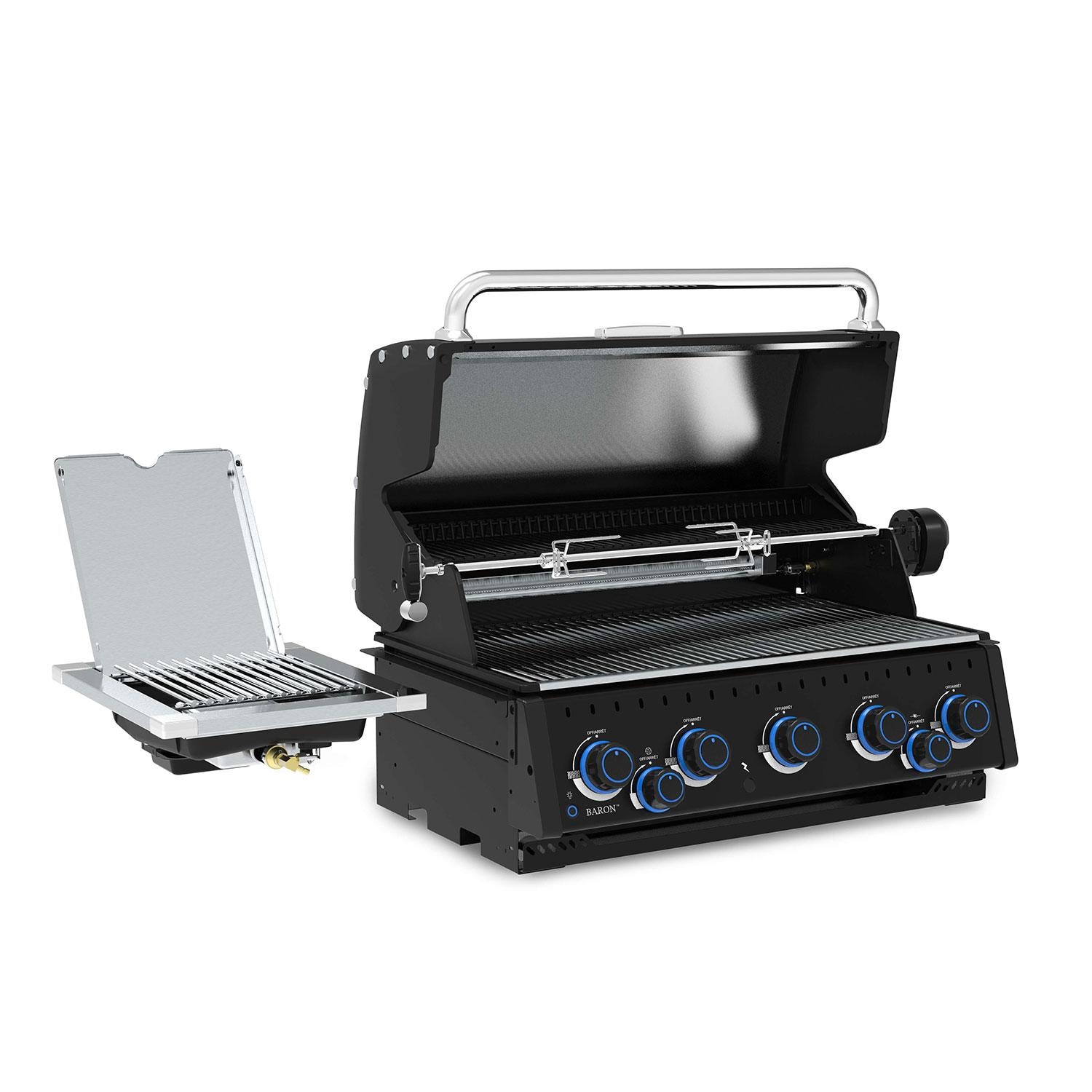 Broil King 876644 Baron 590 IR Shadow 32-in 5 Burner Built-In Propane Grill - Lid Up - Angled Right - White Background thumbnail