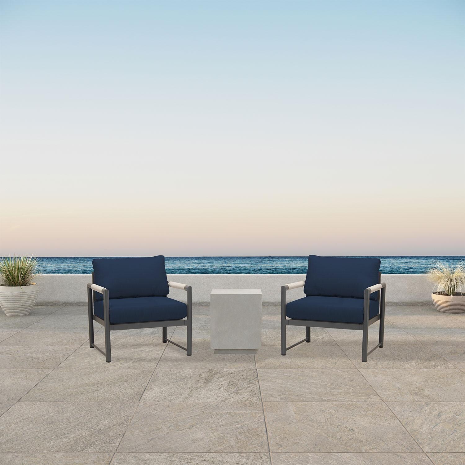 Lakeview AVEBAY-SL-PG-SET104-IN Avenue Bay Slate/Pebble Gray 3 Pc Chat Set - Spectrum Indigo - On Patio - Lifestyle thumbnail