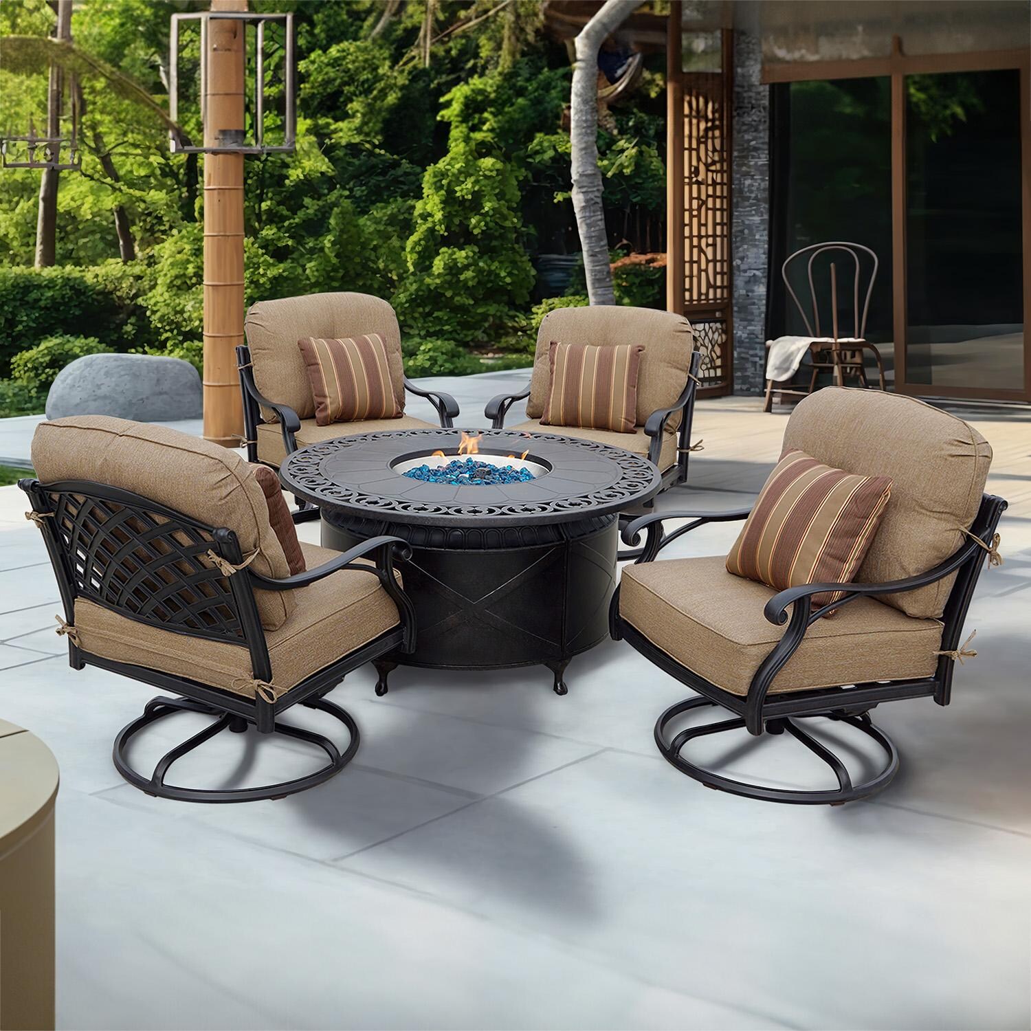 Nassau 5-Piece Patio Propane Fire Pit Rocker Club Conversation Set with ...