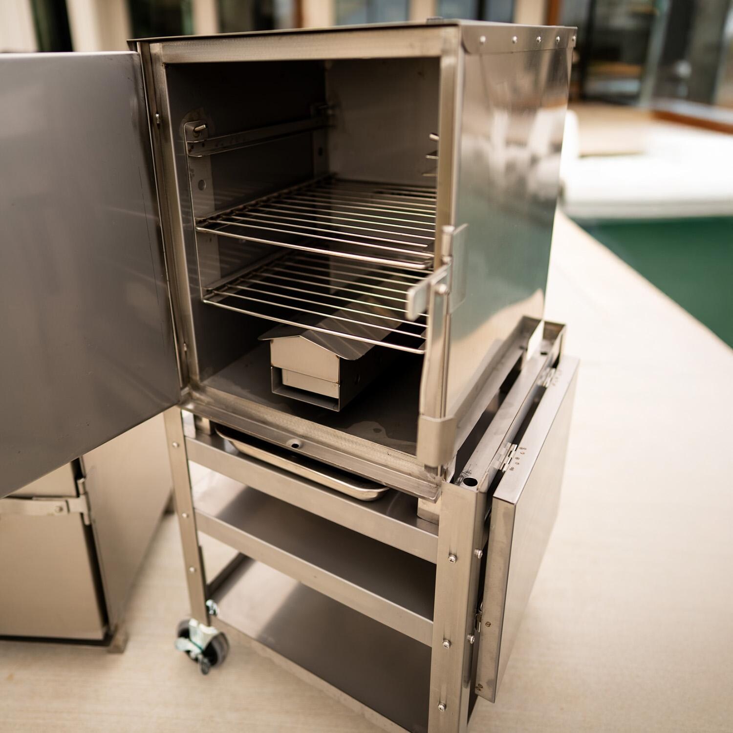 Smokin Tex 1100 Lil' Tex Legacy Series Electric Smoker - Shown on Cart - Lifestyle thumbnail