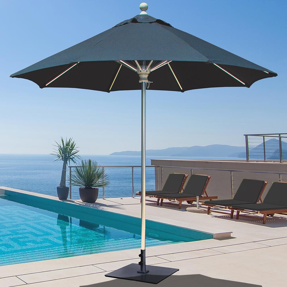 aluminum patio umbrella blie 9ft with Base and Remote Control, Blue The cantilever umbrella has an umbrella base made of resin Isabella Modern Blue Striped Sunbrella
