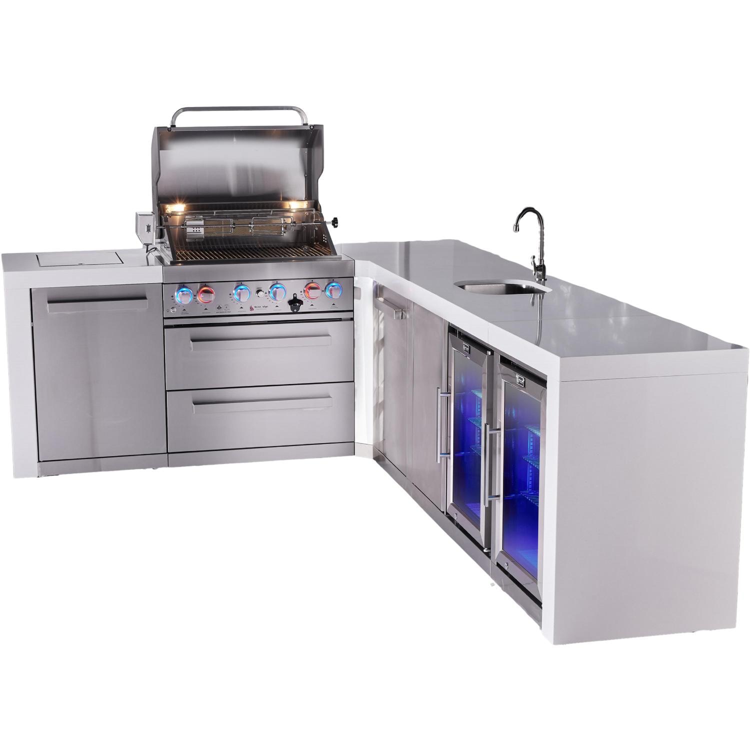 Mont Alpi Deluxe Series 9 1/2 Ft Propane Outdoor Kitchen Island w/ 32-in Grill, Side Burner, Beverage Center, Fridge & Extra Door - MAi400-D90BEVFCXL - Grill Open - White Background thumbnail
