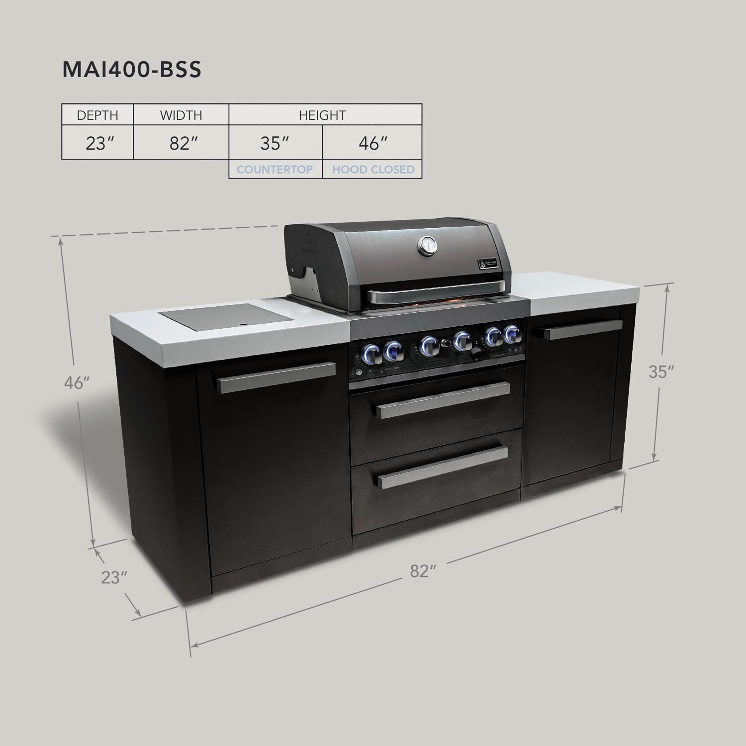 Mont Alpi Black Series 7 Ft Natural Gas Outdoor Kitchen Island w/ Side Burner (Ships Propane w/ Conversion Kit) - Dimensions - Dimensional