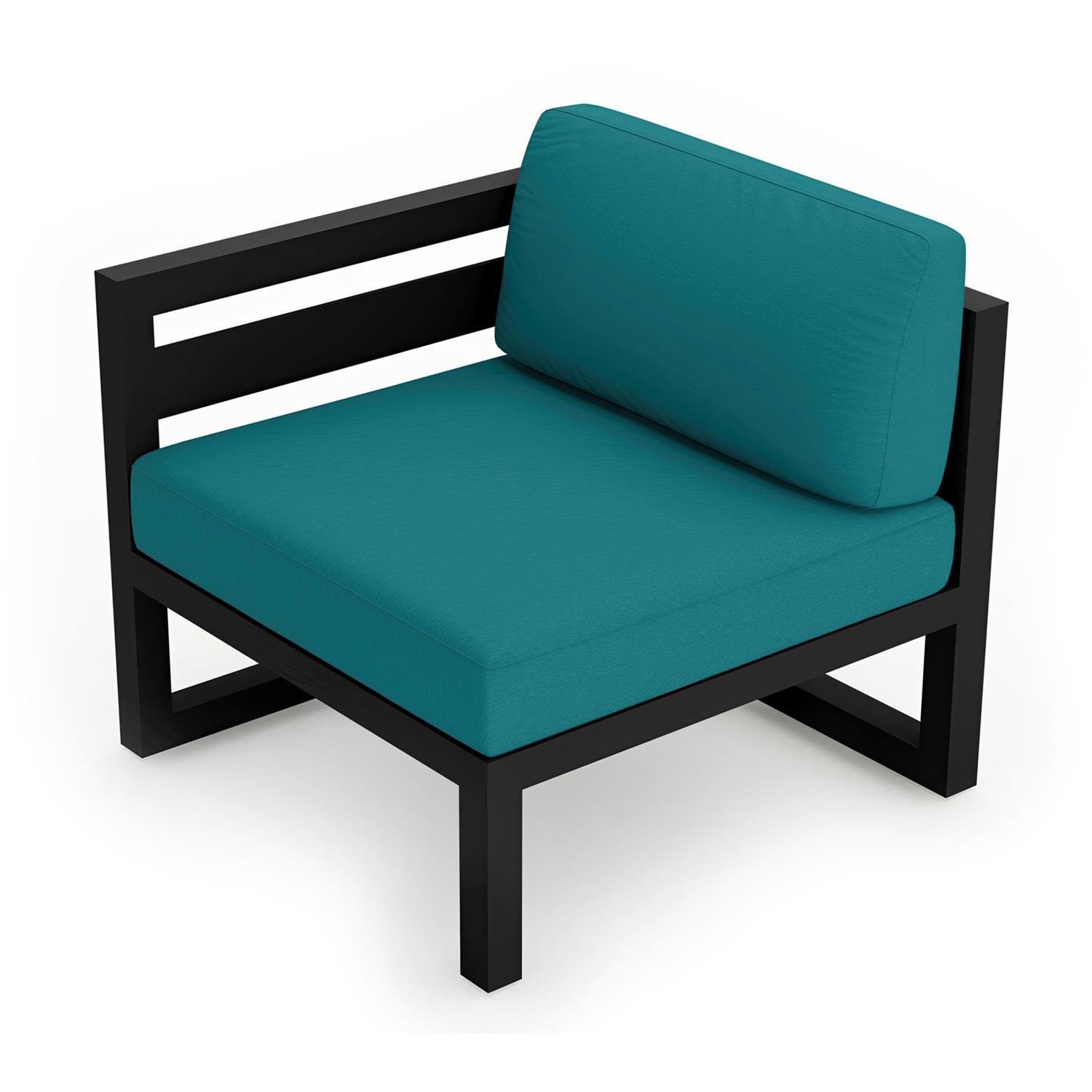 Lakeview MSTYCV-BK-LAS-PC Misty Cove Aluminum Left Arm Club Chair in Black w/Spectrum Peacock Cushions by Lakeview Outdoor Designs - Angled Front - White Background thumbnail