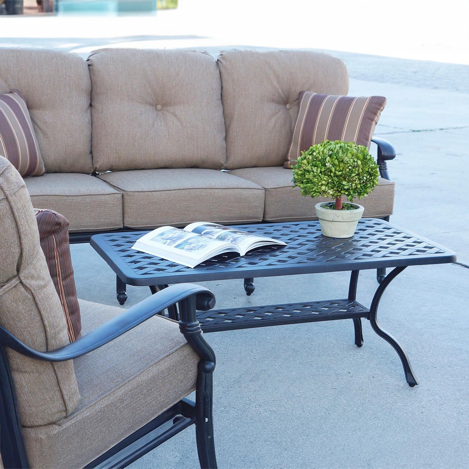 Darlee Santa Monica 4-Piece Patio Sofa Conversation Set with Cushions and Series 30 21 X 42 Inch Rectangular Coffee Table - Coffee Table - Lifestyle thumbnail