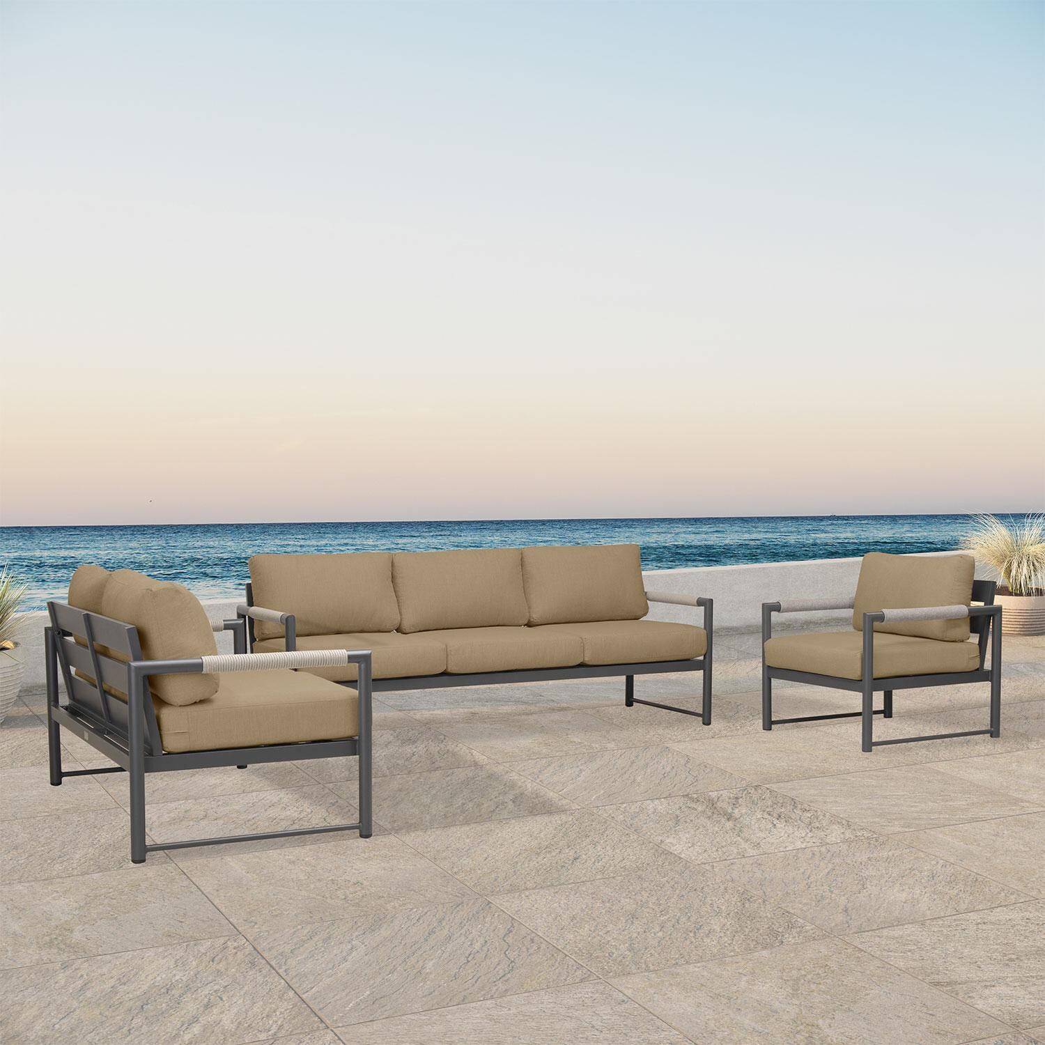 Lakeview AVEBAY-SL-PG-SET143-HB Avenue Bay Slate/Pebble Gray 3 Pc Sofa Loveseat Set - Heather Beige - Angled On Patio - White Background thumbnail