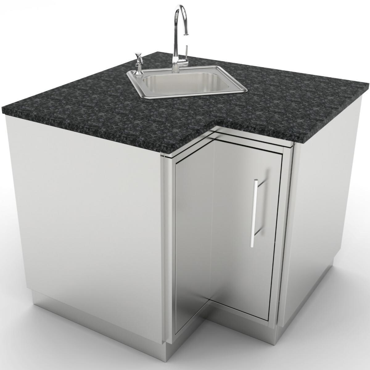 Sunstone SBC12SLS Outdoor Kitchen 90 Degree Corner Island Cabinet w/ Lazy Susan Shelves - Shown Finished With Sink, Countertop & End Panels (Not Included) - White Background thumbnail